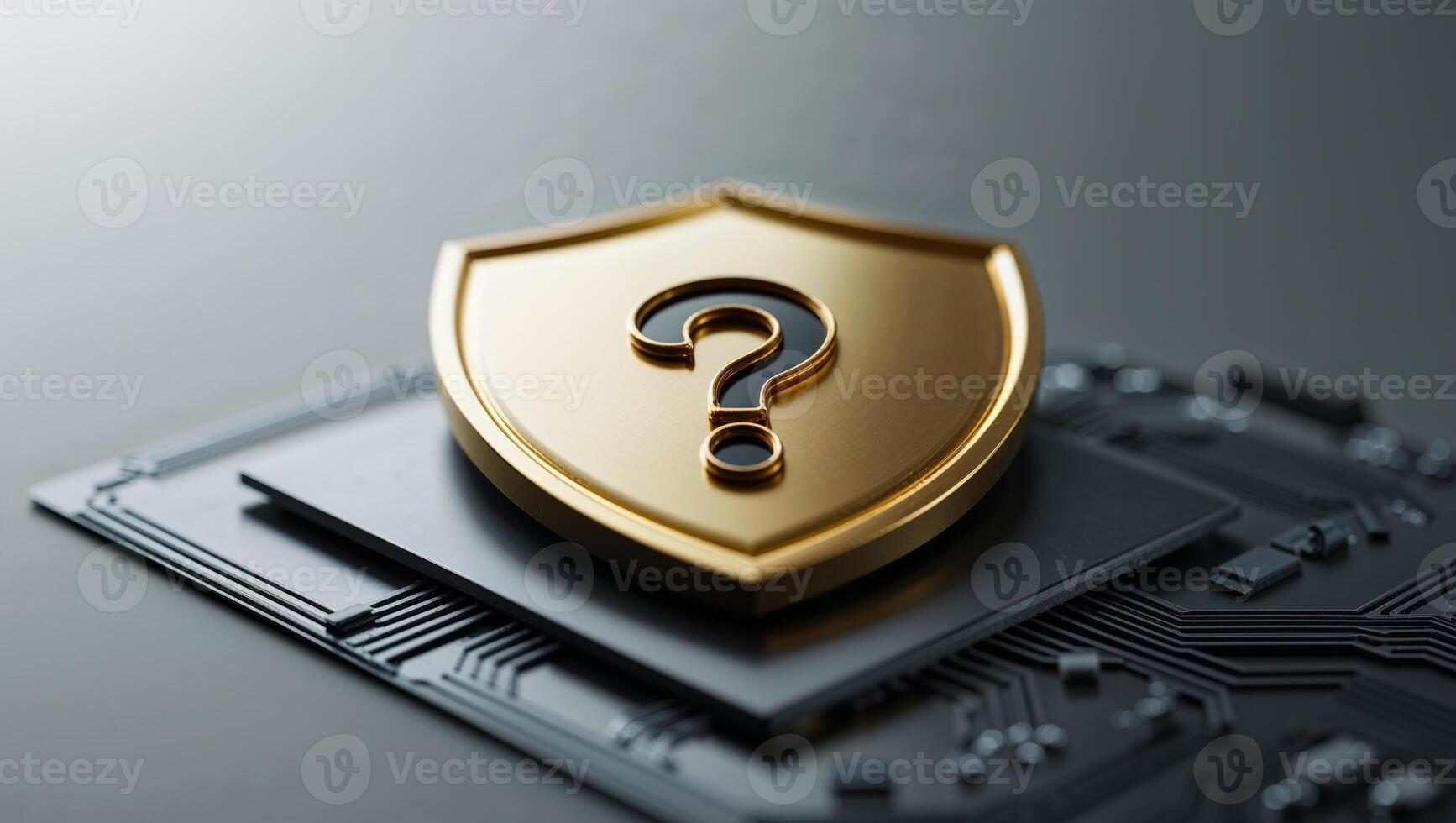 Golden Shield Question Mark on Circuit Board. photo
