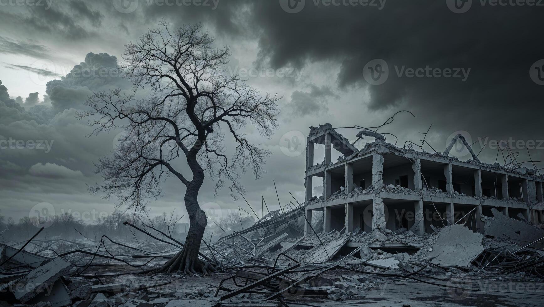 Desolation and Resilience A Lone Tree Stands Amidst the Ruins of a Destroyed Building Under a Dramatic Sky photo
