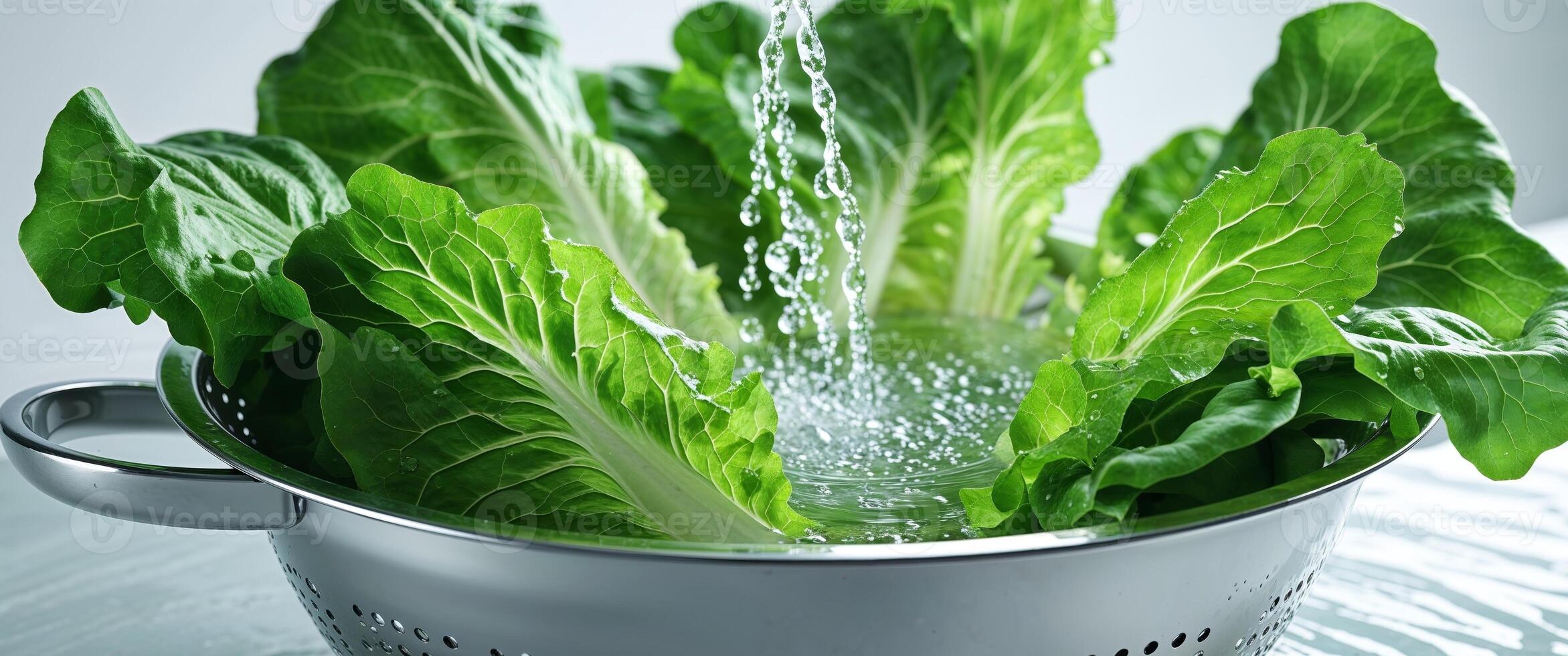 A colander filled with lettuce is being sprayed with water photo