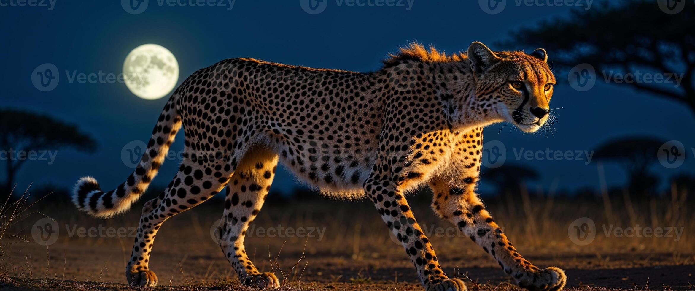 A cheetah walking in the night with the moon in the background photo