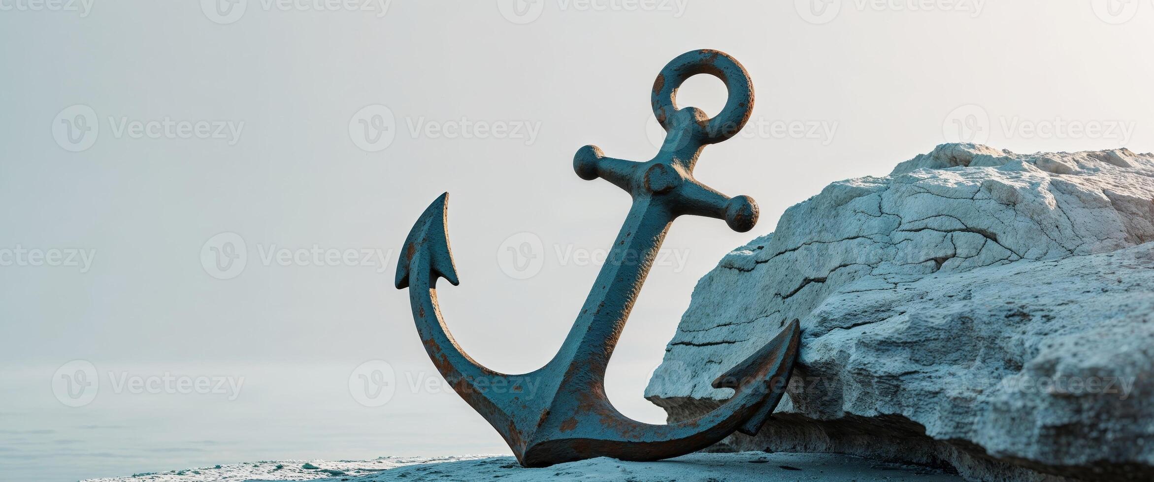 An anchor sitting on top of a rock near the ocean photo