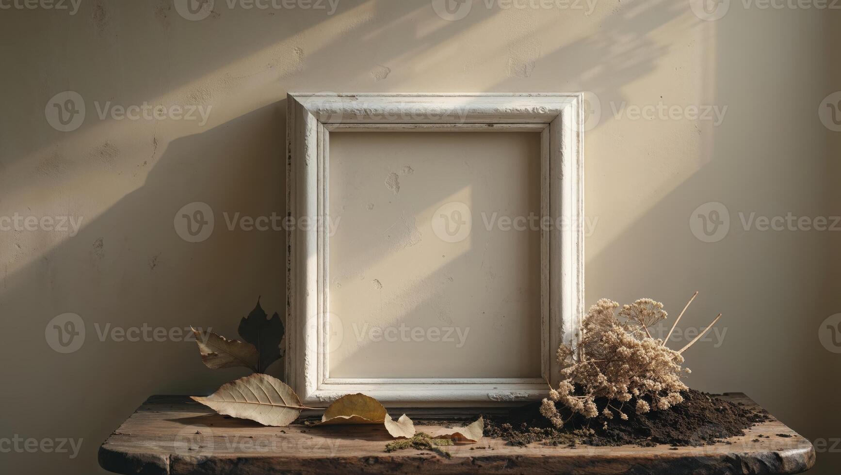 An empty frame sits on a wooden table next to a plant photo