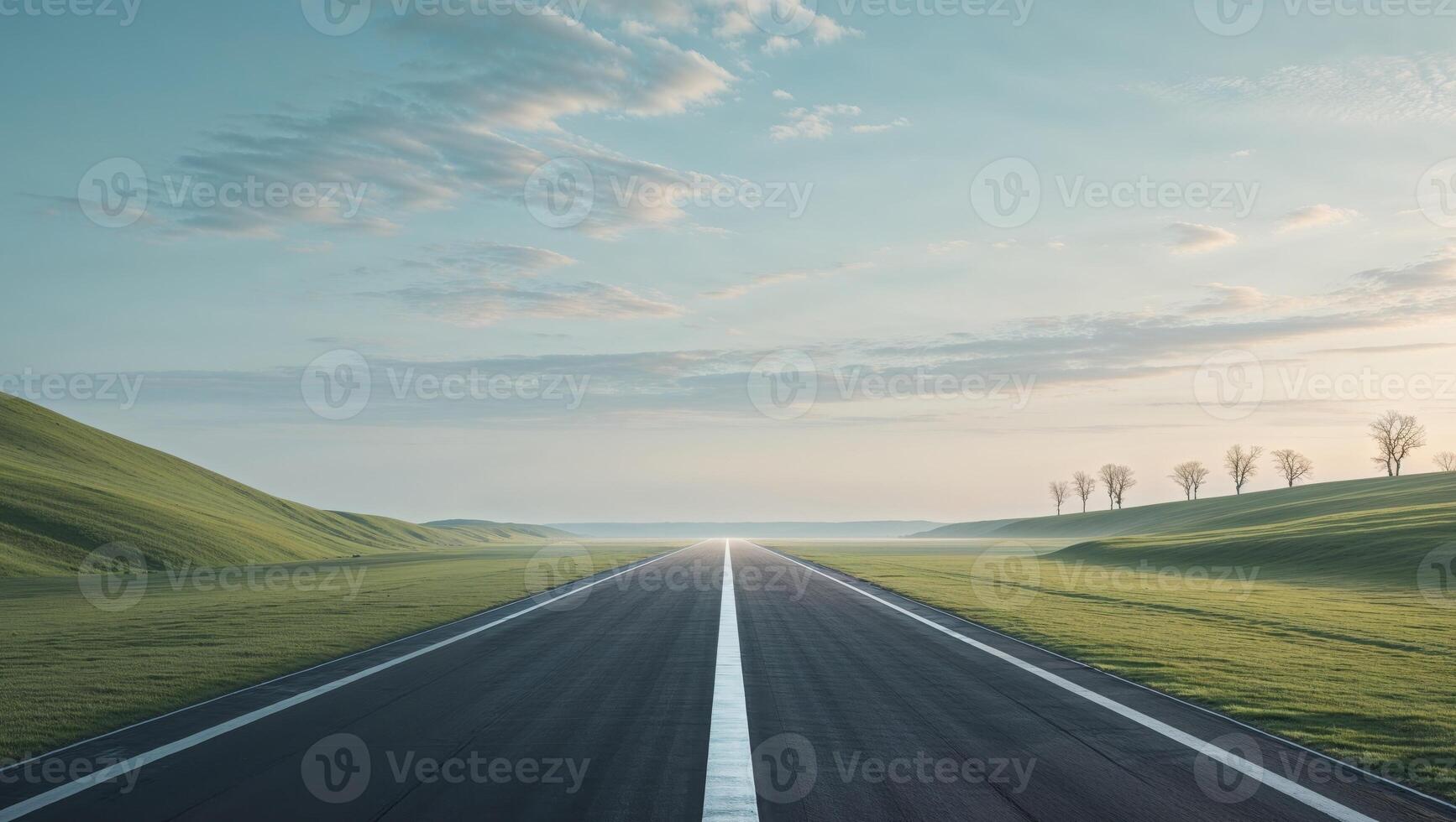An empty road in the middle of a green field photo