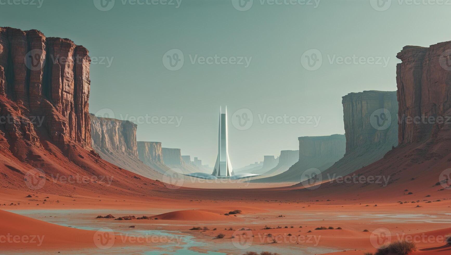 A futuristic city in the desert with tall buildings photo