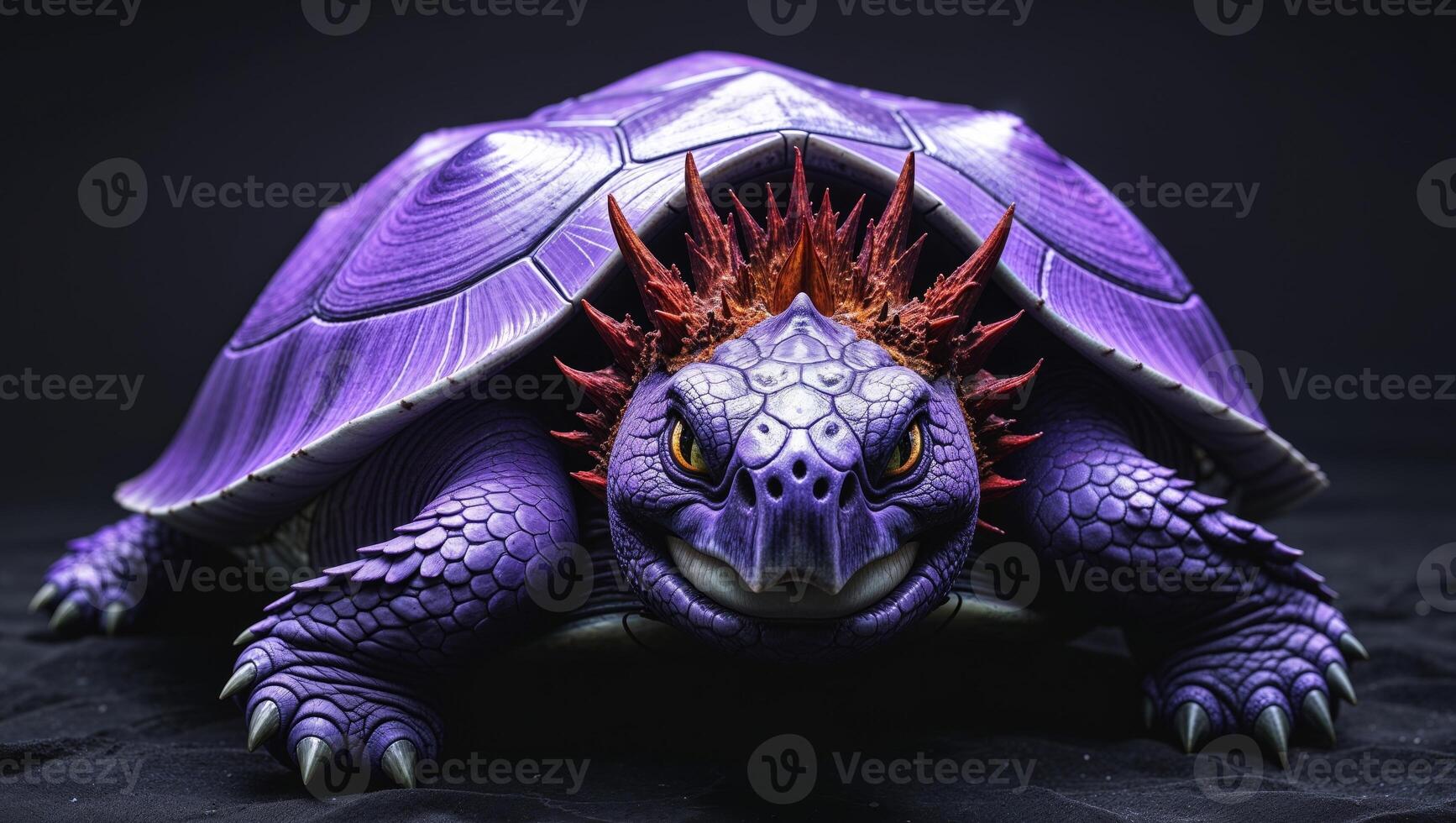 A purple turtle with a red head and horns photo
