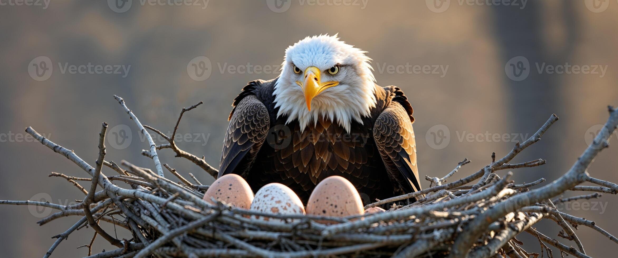 An eagle sits in a nest with eggs photo