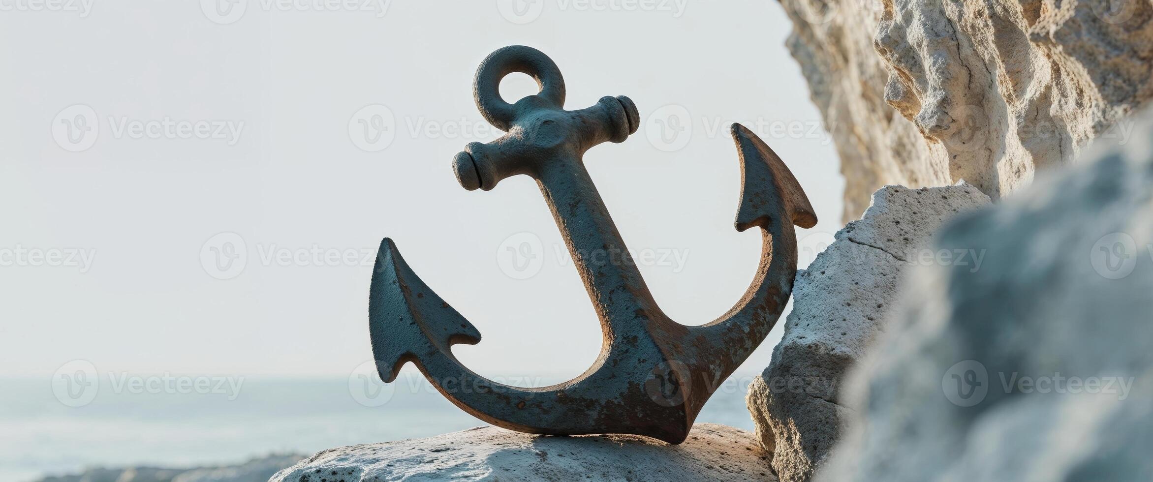 An anchor sitting on a rock near the ocean photo