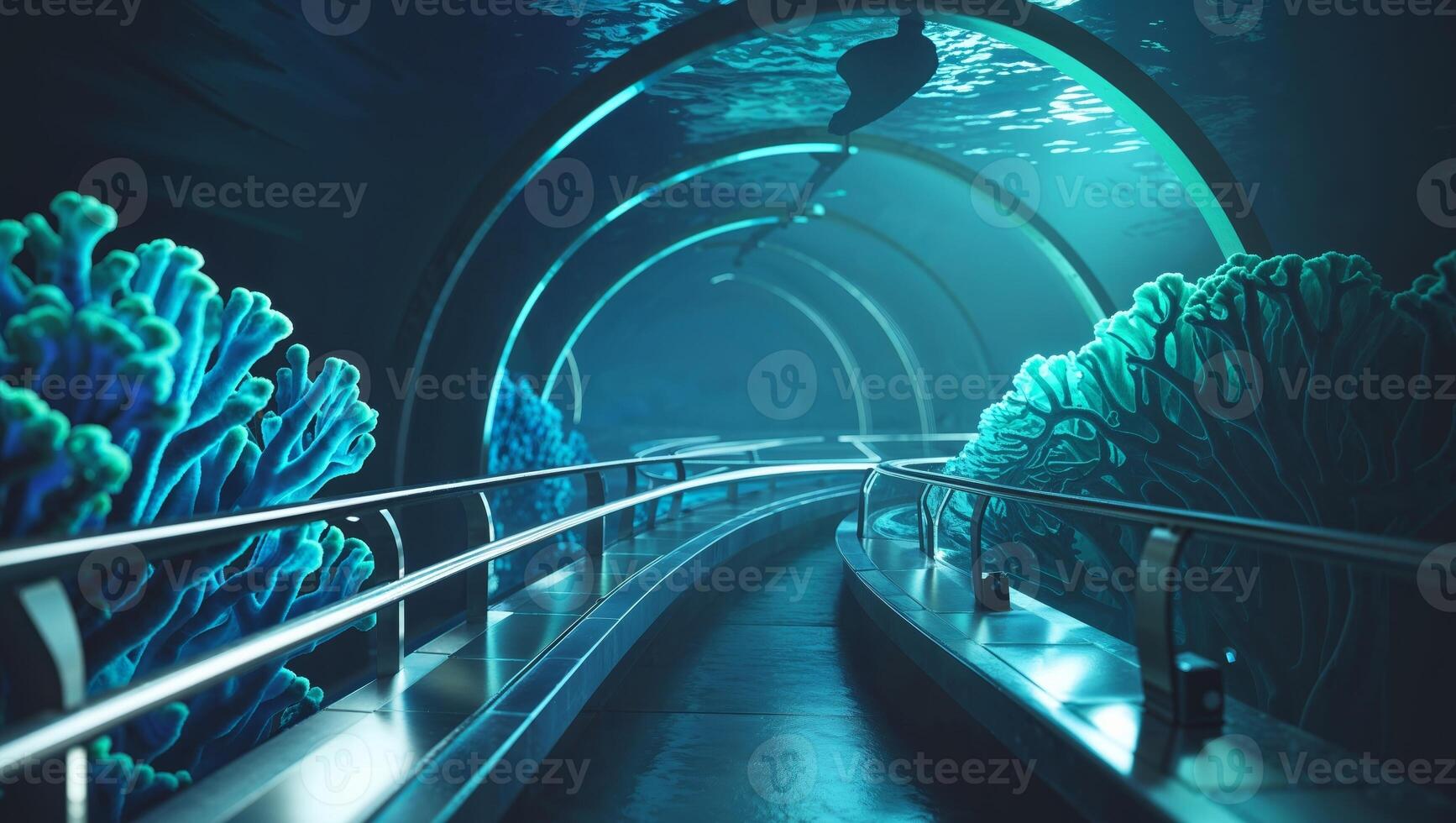 A walkway under an aquarium with a tunnel photo