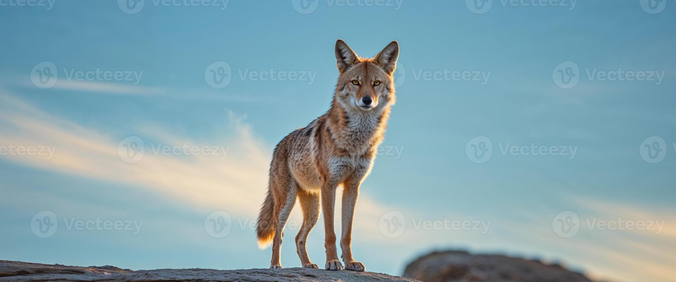 A coyote stands on top of a rock in the desert photo