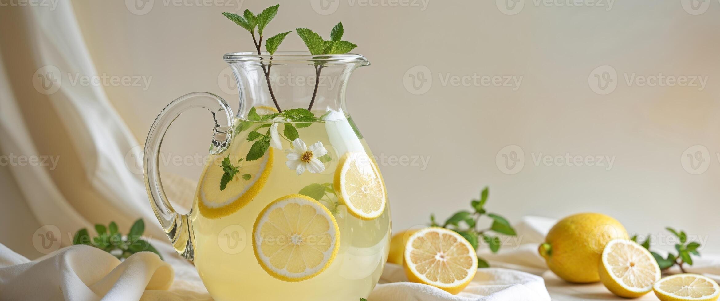 A pitcher of lemonade with lemons and mint leaves photo