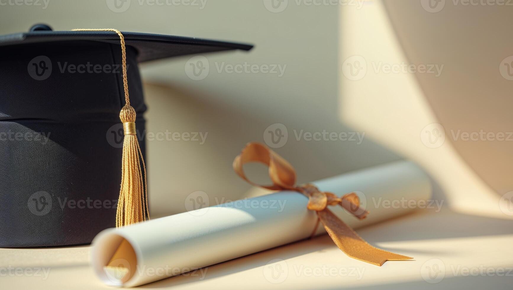 Graduation cap and diploma on a table photo