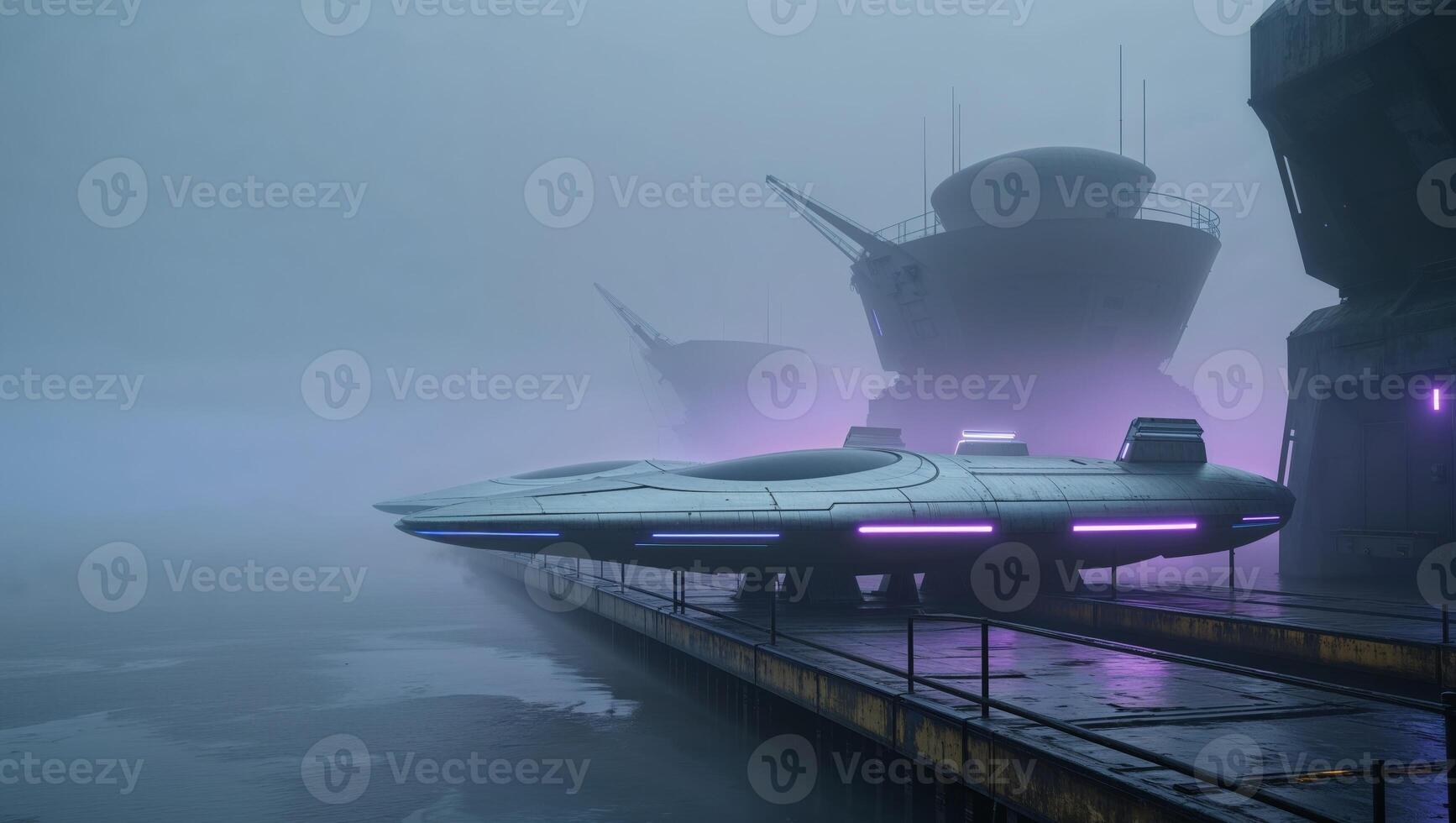 Futuristic Spaceship Docks in Foggy Alien Port photo