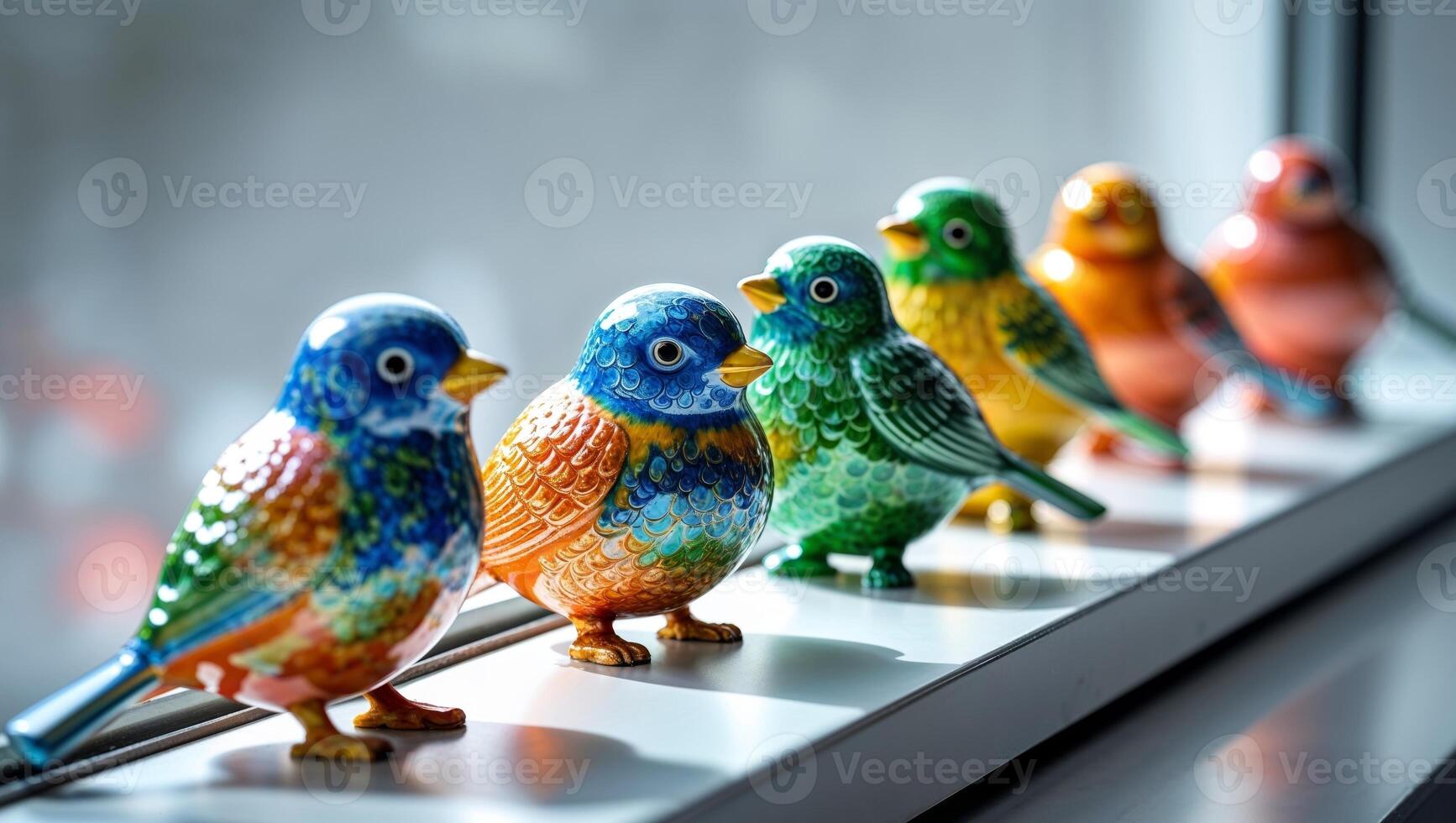 A row of colorful ceramic birds on a window sill photo