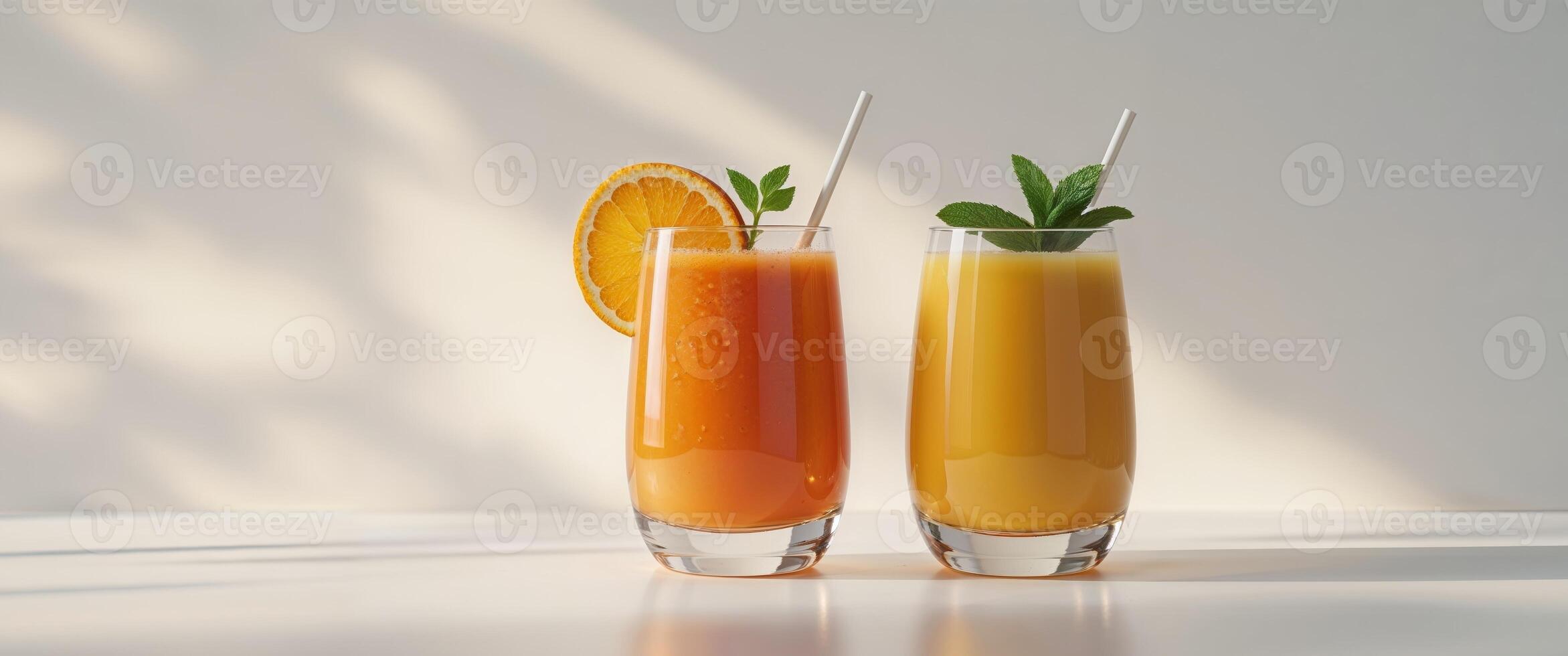 Two glasses of orange juice with straws on a table photo
