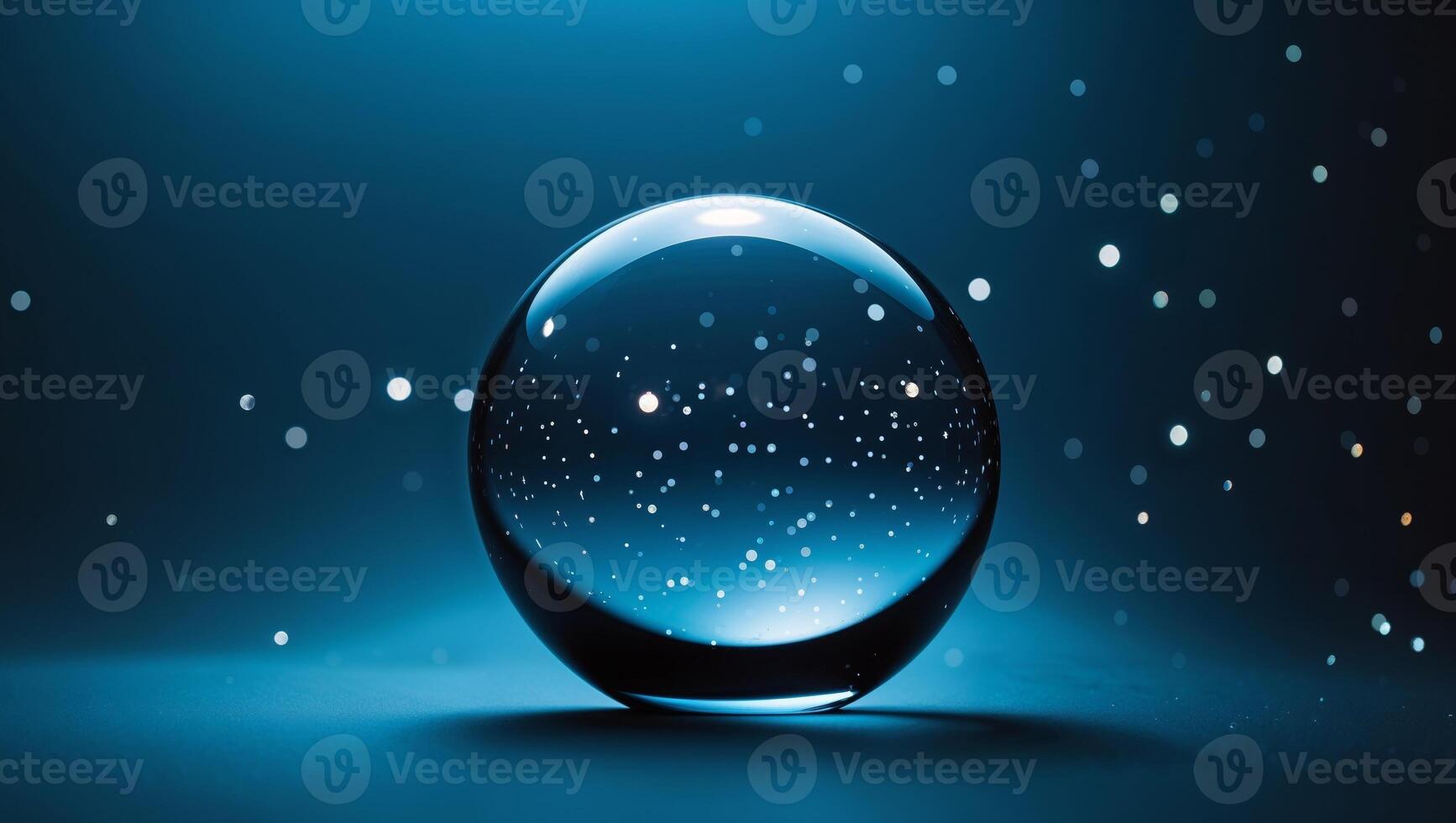 Glass sphere with glowing blue background and light reflections on a dark surface photo