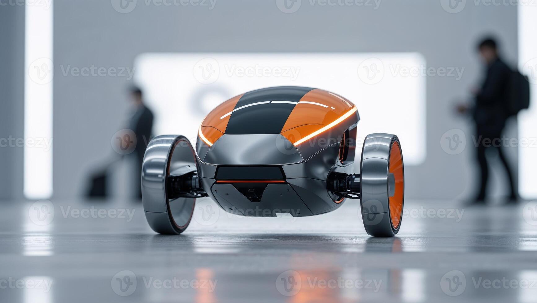 Futuristic robot with sleek design and orange accents showcased at technology exhibition photo