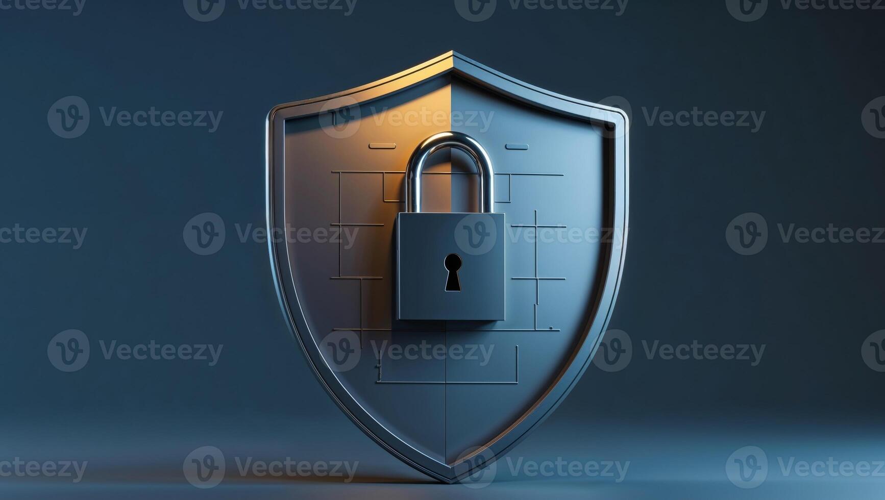 Digital security shield with padlock symbolizing online protection and data security in modern technology. photo