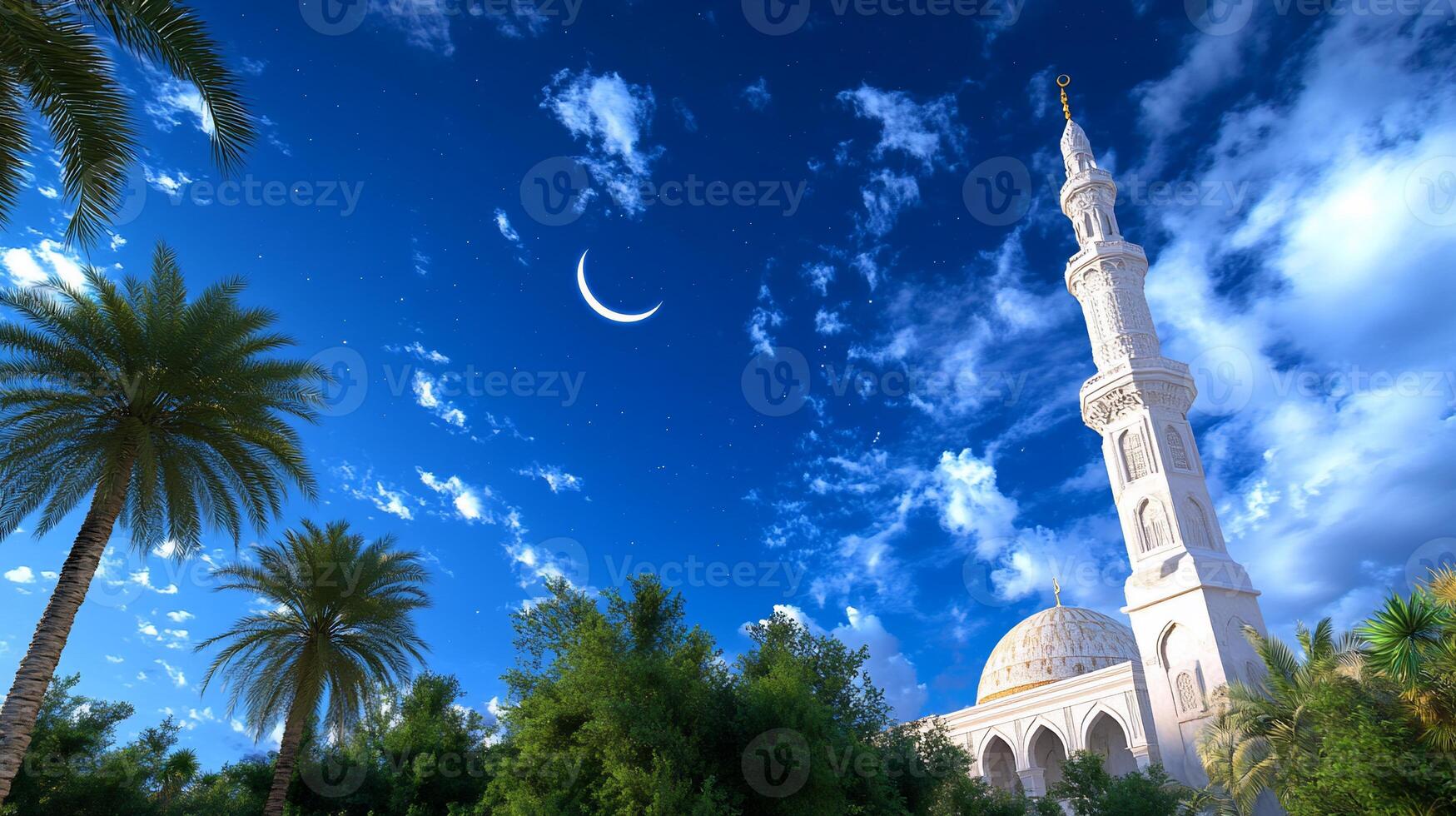 The mosque is surrounded by palm trees and a crescent moon photo