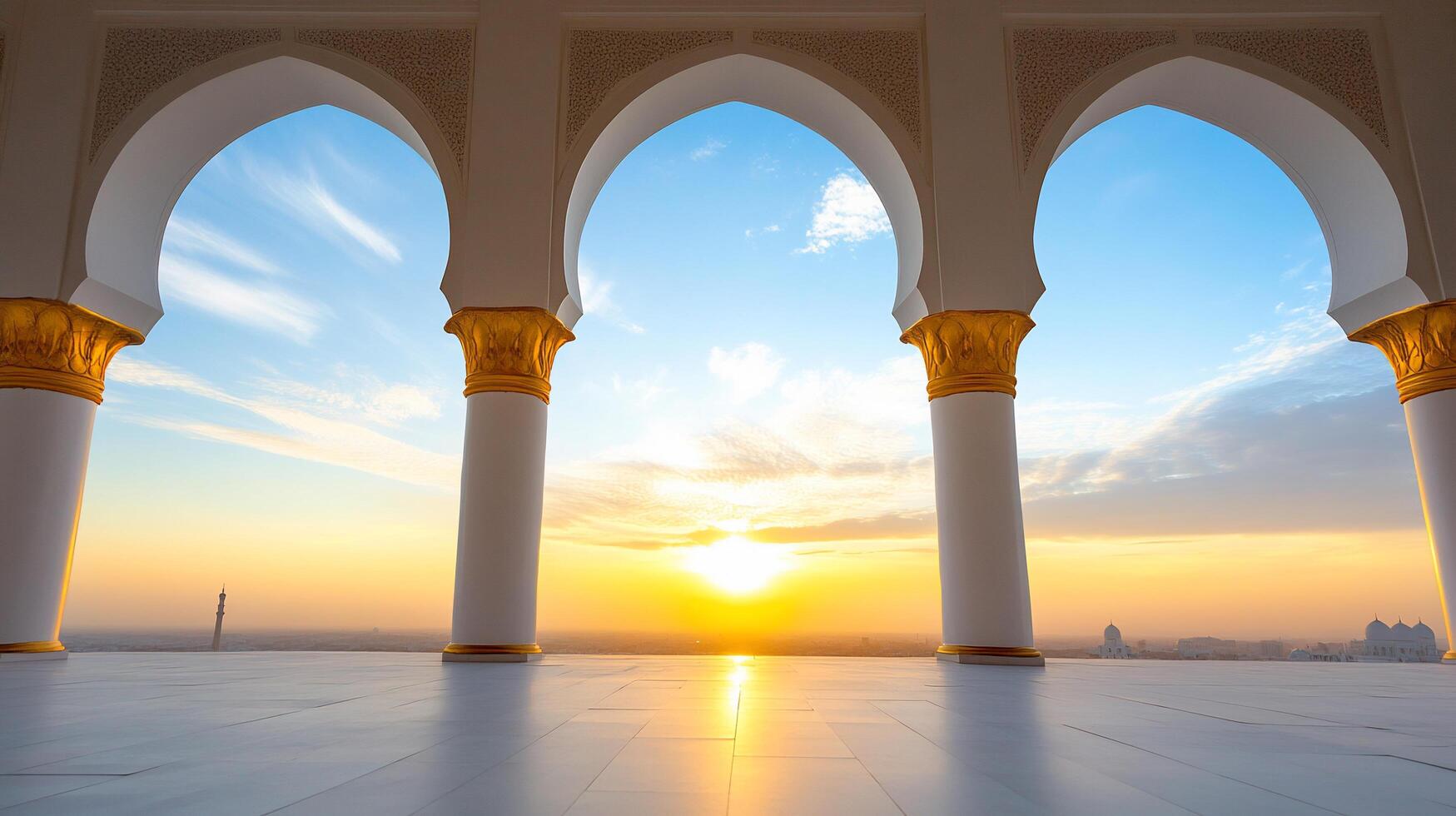 A serene sunrise viewed through ornate arches, highlighting architectural beauty. photo