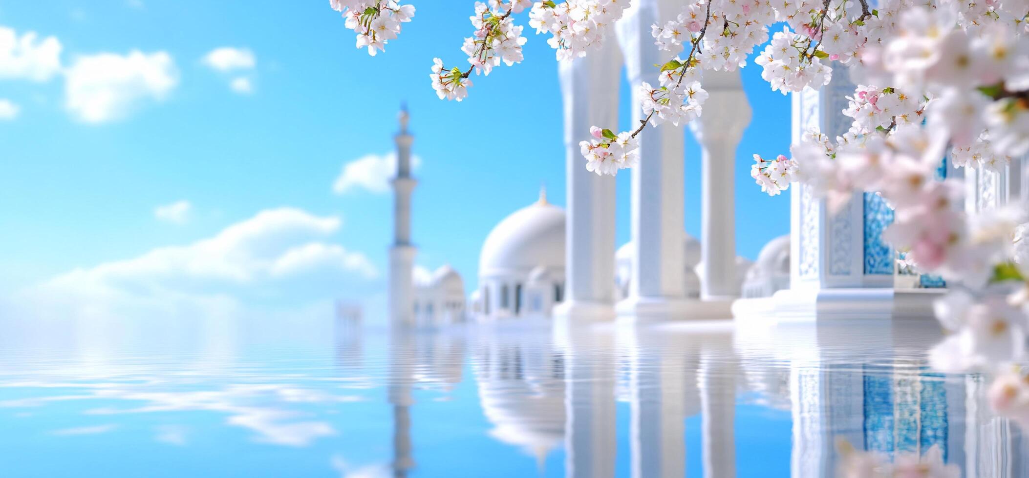 Serene landscape with cherry blossoms and a mosque reflecting in water. photo