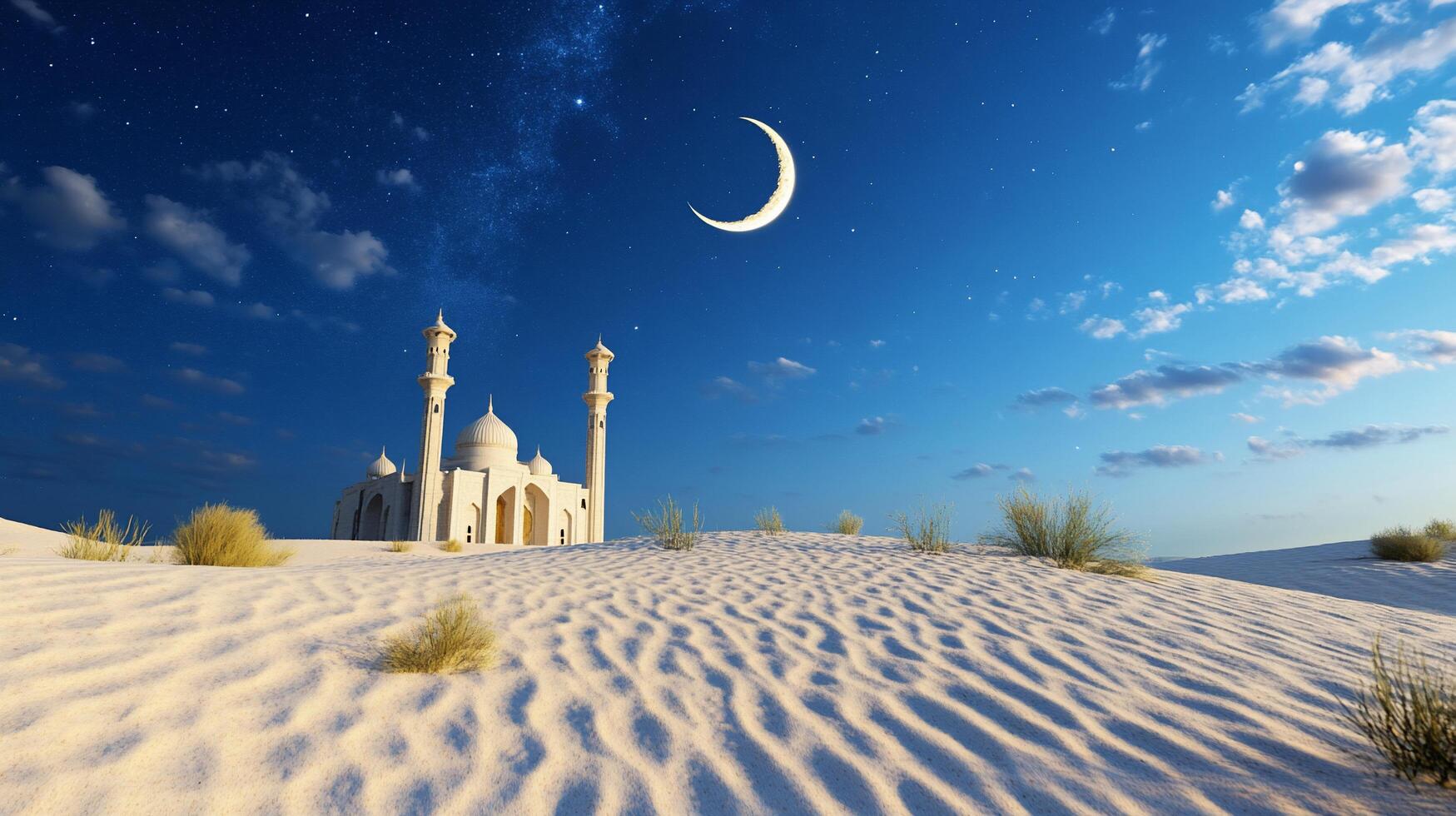 A serene desert landscape featuring a mosque under a crescent moon. photo