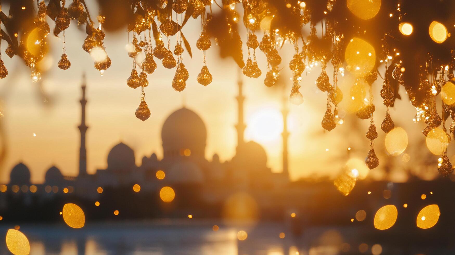A serene sunset view of a mosque with sparkling lights in the foreground. photo