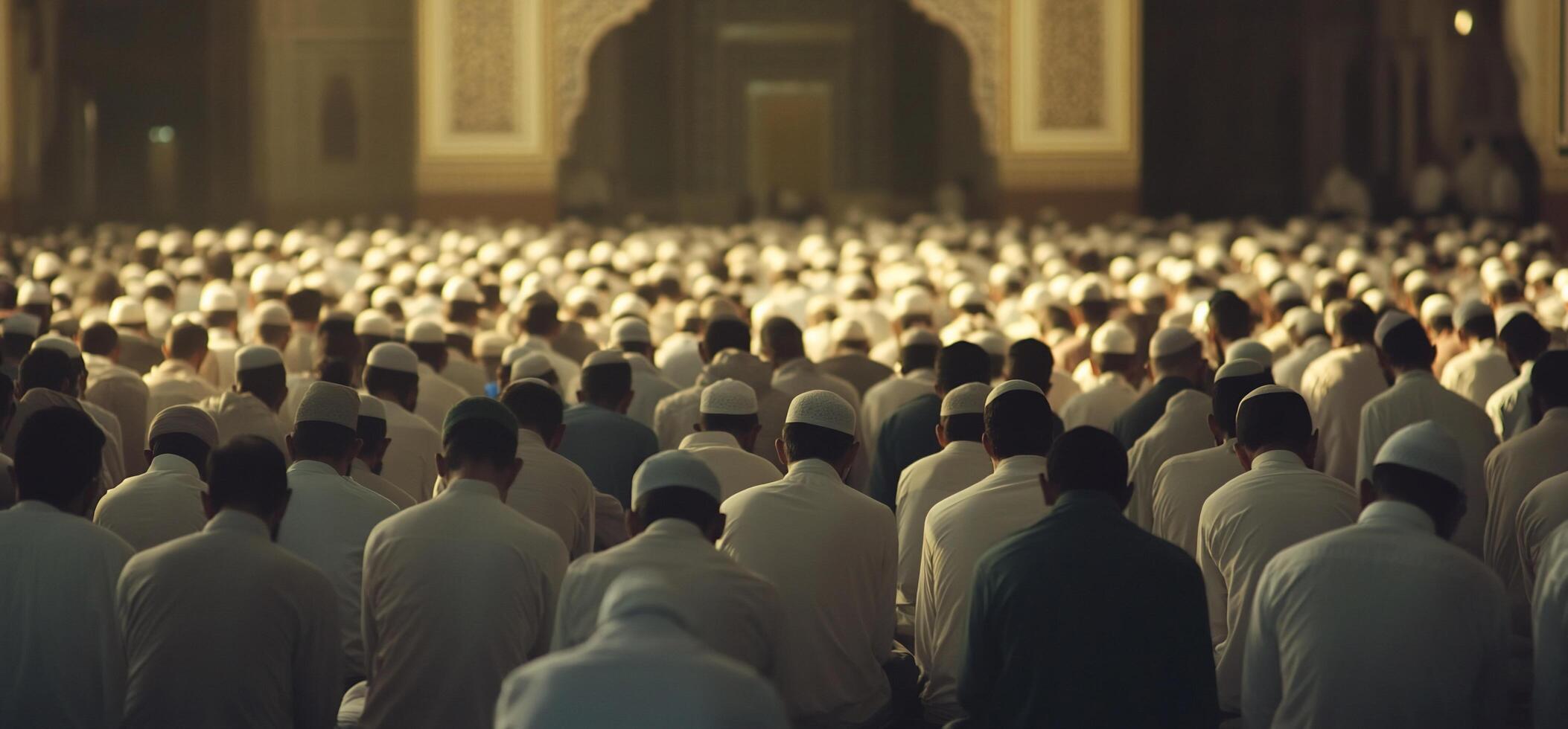 A large group of individuals praying in a serene mosque setting. photo