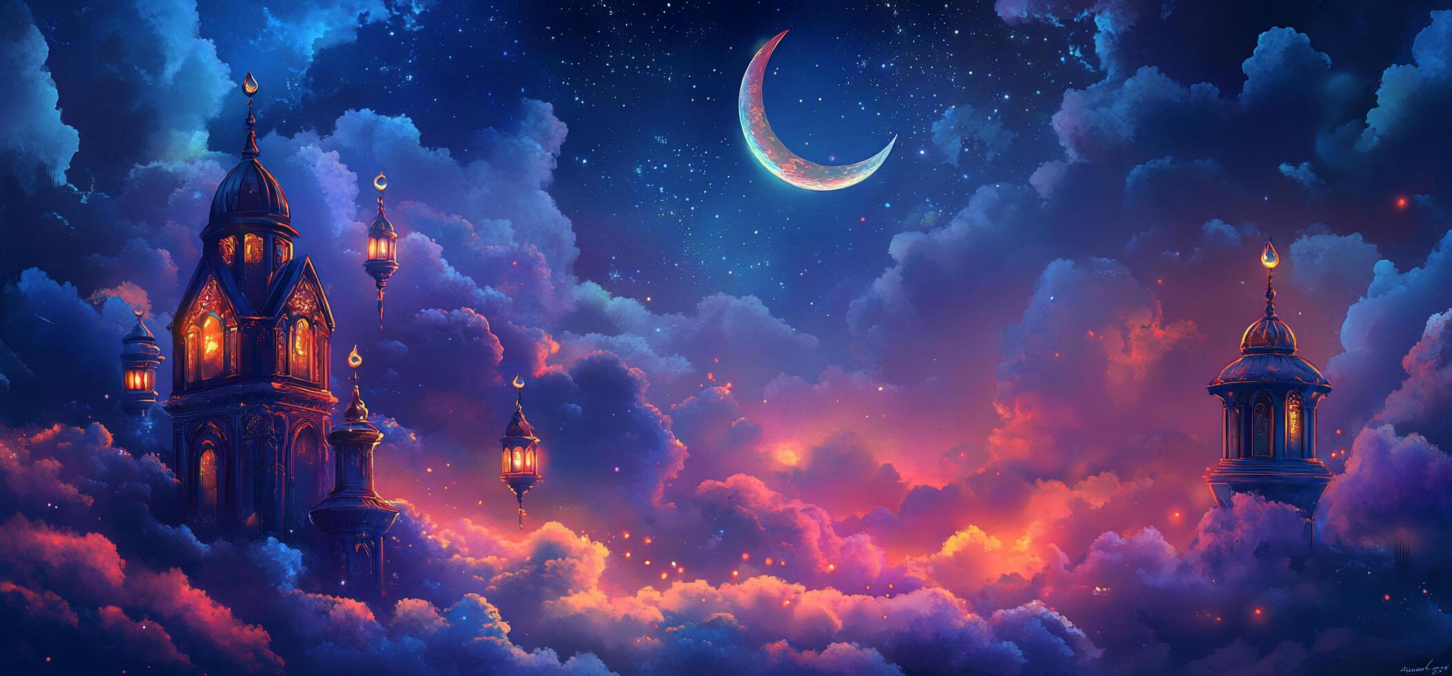 A dreamy landscape featuring a castle among colorful clouds and a crescent moon. photo