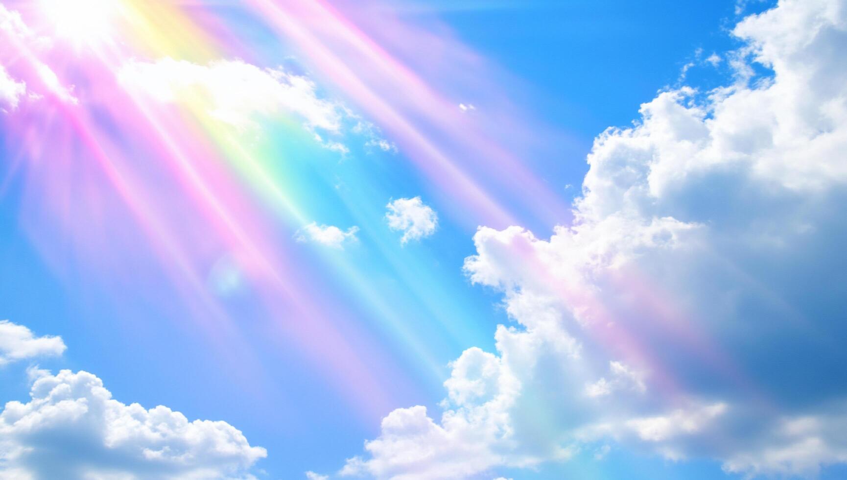 Bright blue sky with rays of sunlight and fluffy clouds. photo