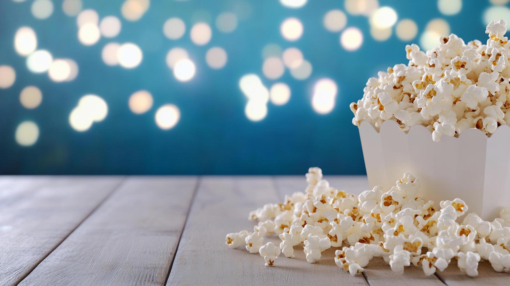 A container of popcorn with scattered kernels against a bokeh background. photo