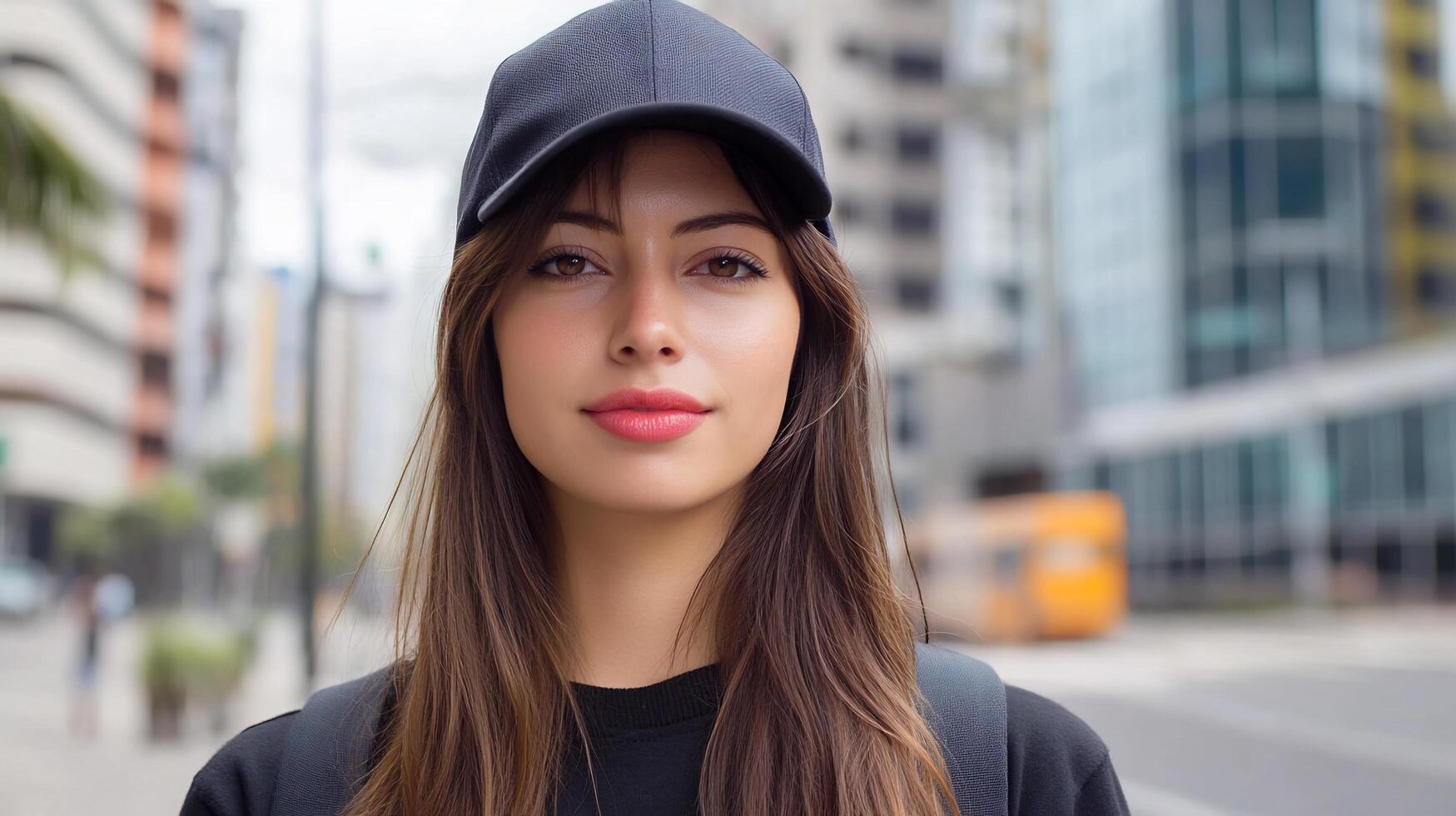 A young woman in a cap smiles confidently on a city street. photo