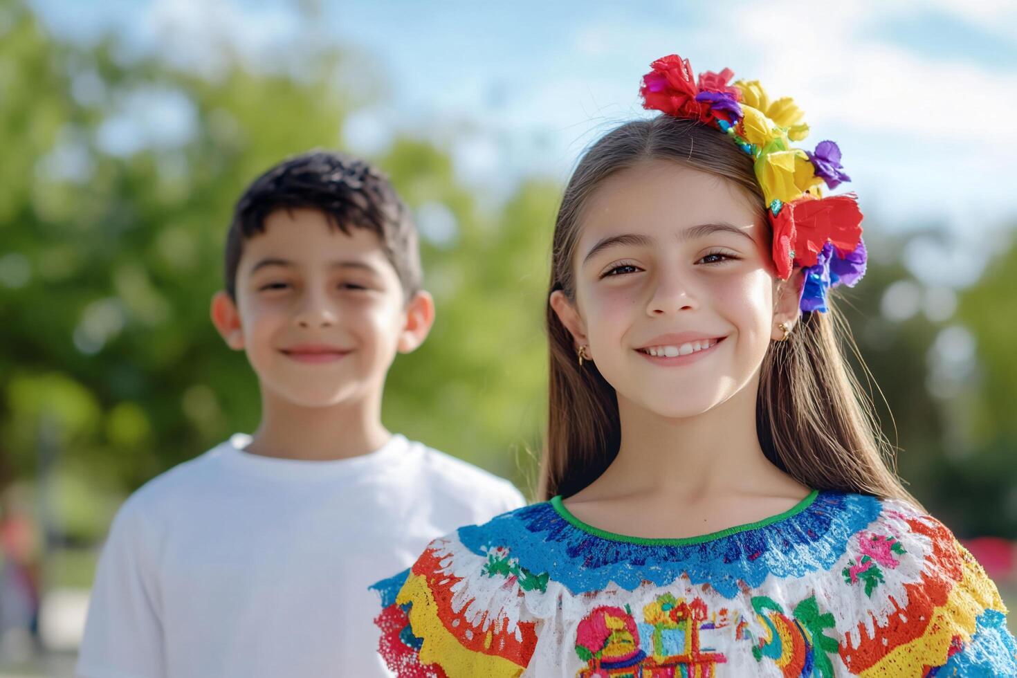 Two children smiling outdoors, showcasing cultural attire and joy. photo