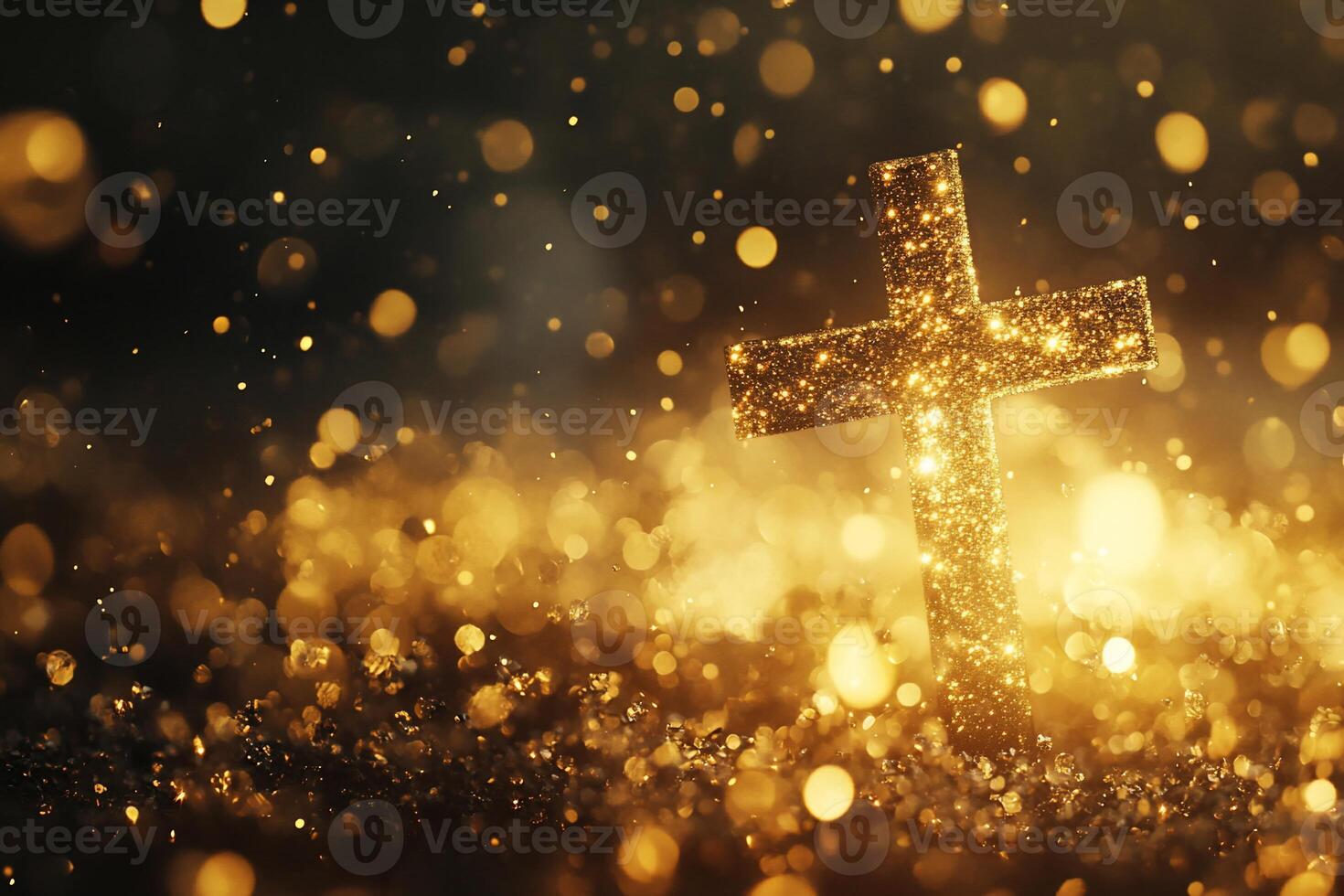 A sparkling cross illuminated by golden light, symbolizing faith and spirituality. photo