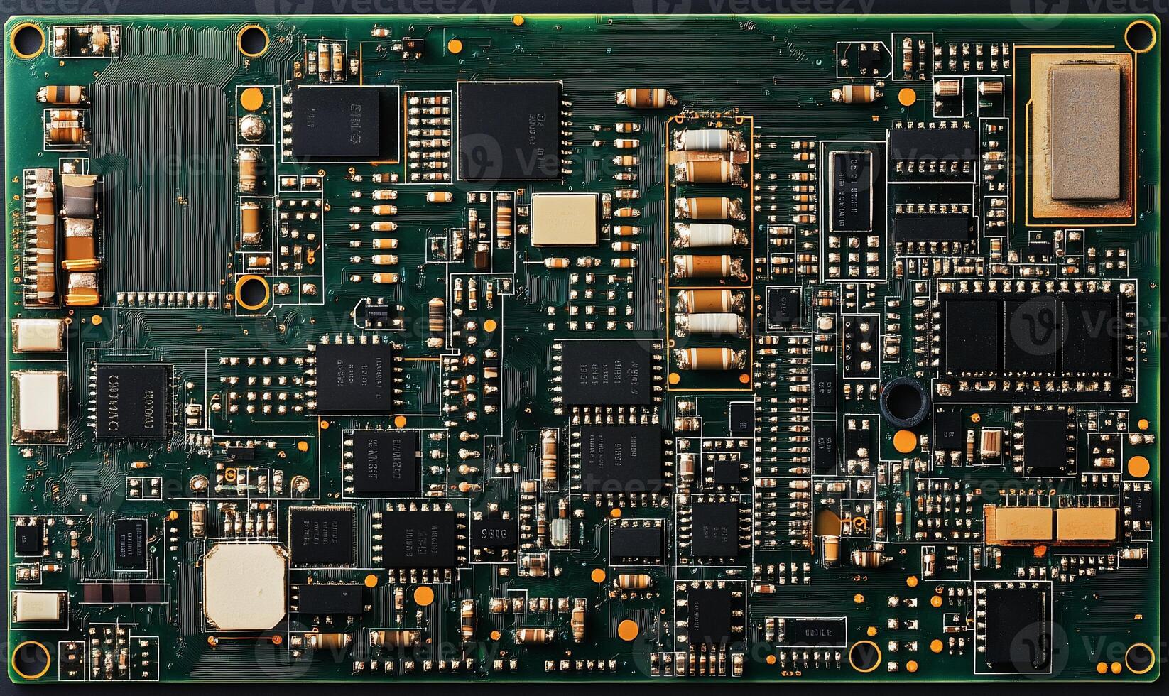A detailed view of a printed circuit board with various components. photo