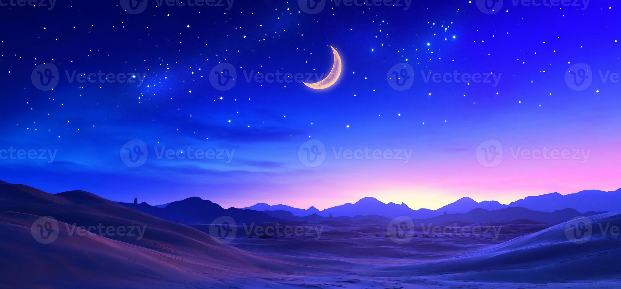 A serene desert landscape under a starry night sky with a crescent moon. photo