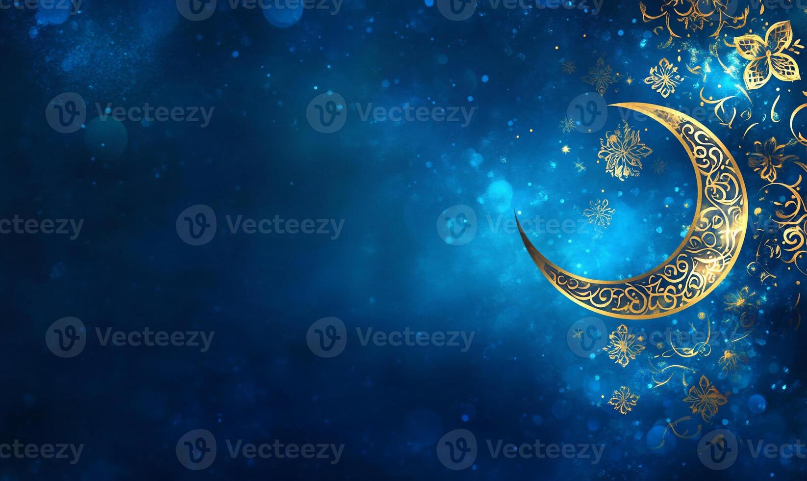 A serene blue background with a golden crescent moon and floral designs. photo