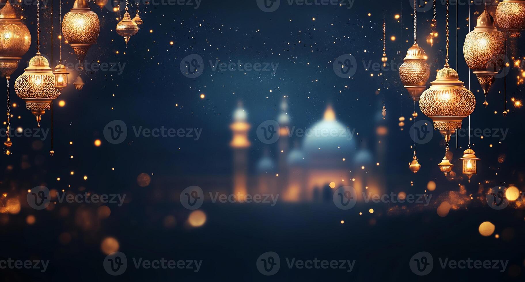 A serene nighttime scene with lanterns and a mosque silhouette. photo