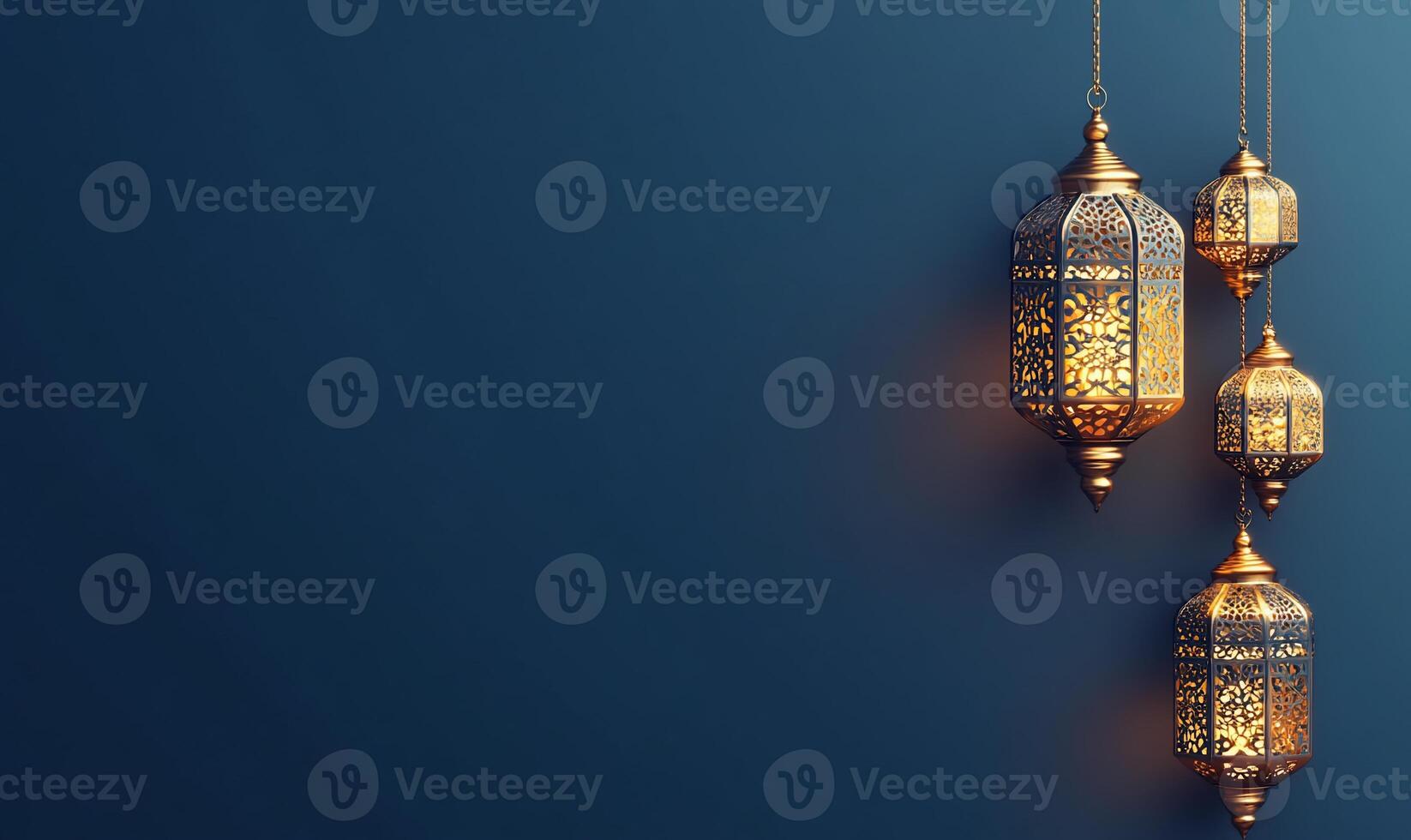 Ornate lanterns hang against a blue background, creating a warm ambiance. photo