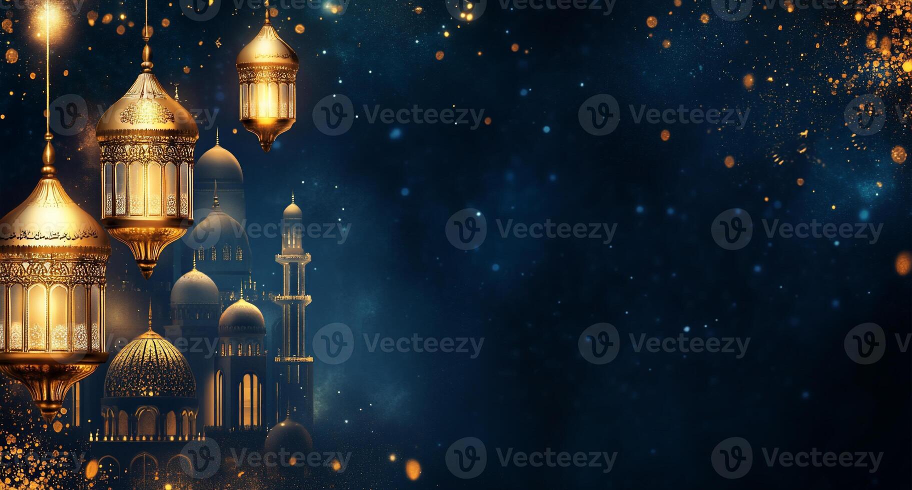 A serene night scene with lanterns and a silhouette of a mosque. photo