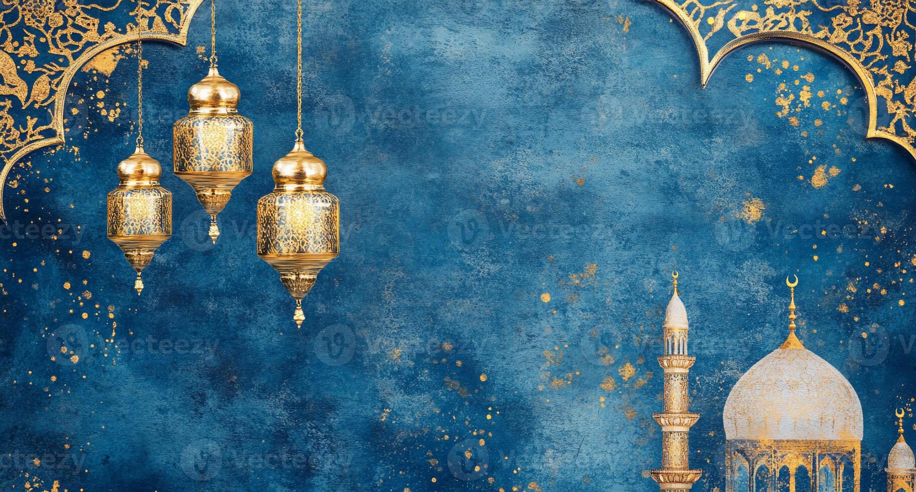 Ramadan background with golden lanterns and mosque photo