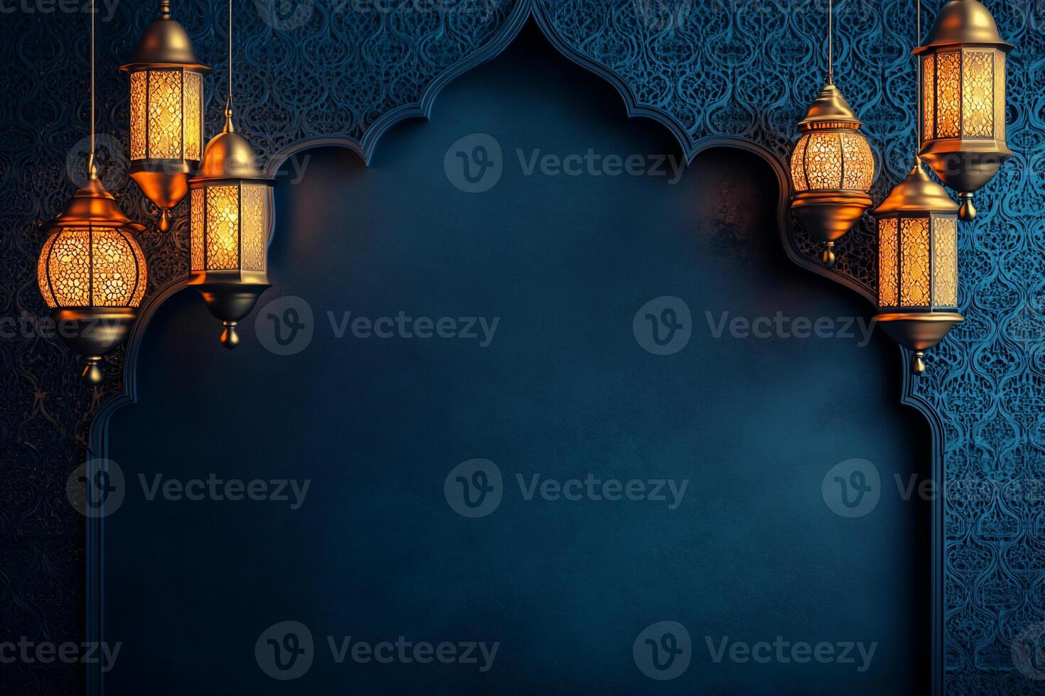 Ornate lanterns hang against a dark, patterned wall backdrop. photo