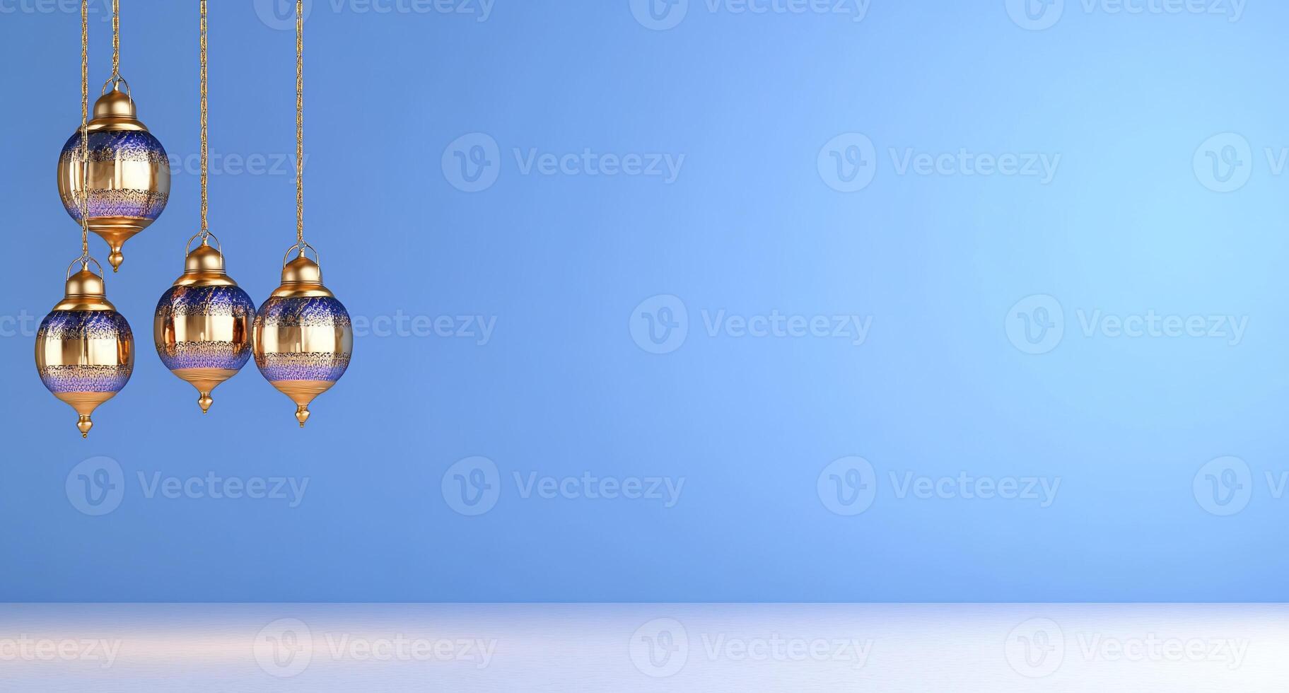 Decorative hanging lanterns against a blue background for aesthetic appeal. photo