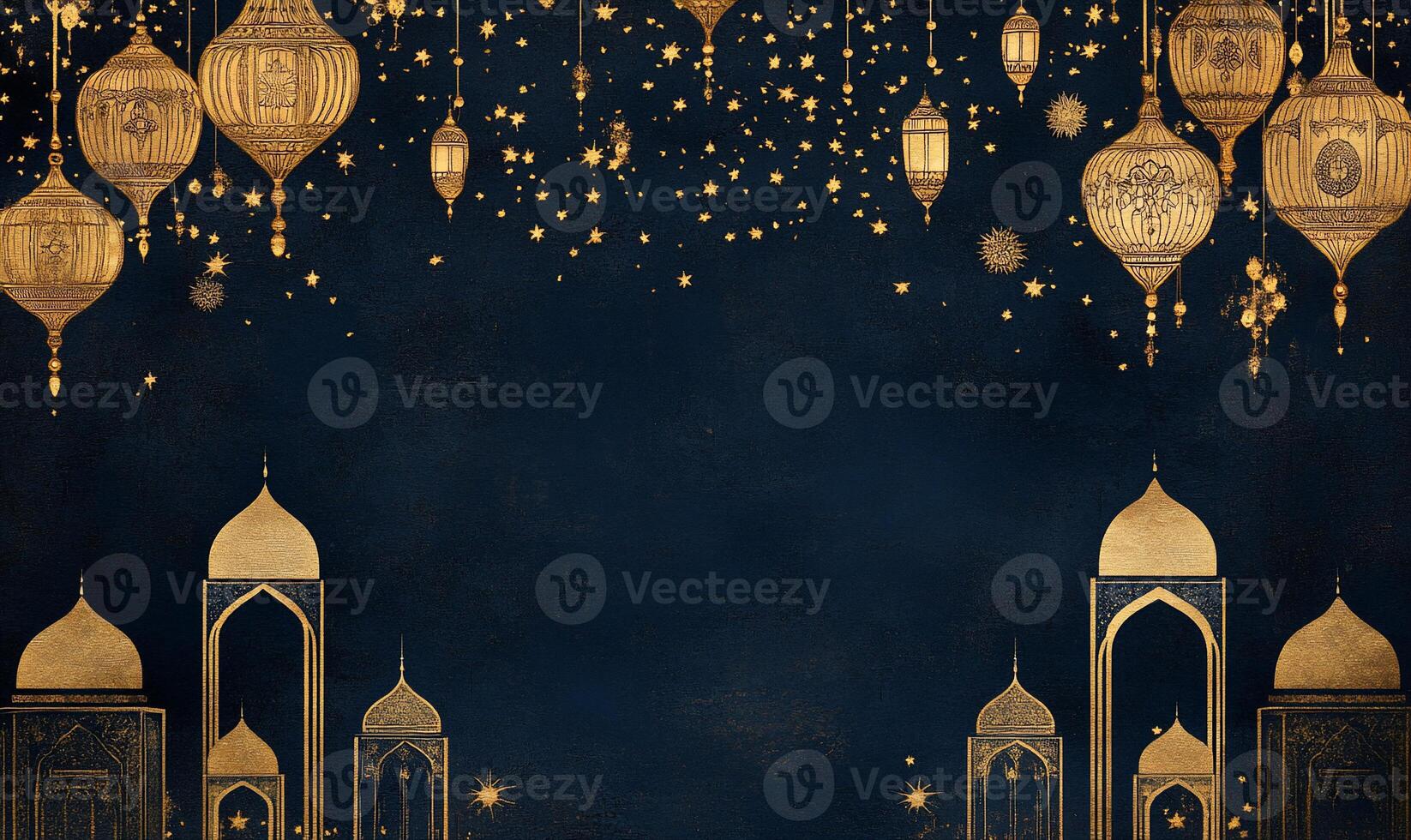 A decorative night sky with golden lanterns and architectural elements. photo