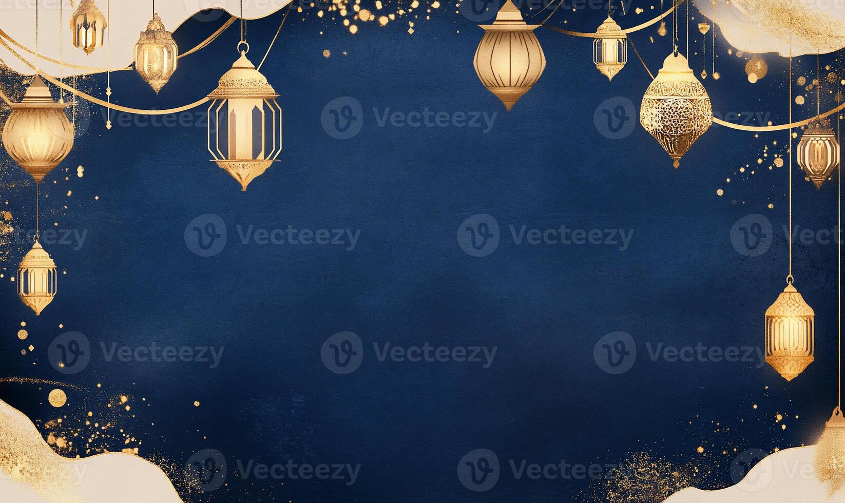 Elegant background featuring lanterns on a dark blue canvas. photo