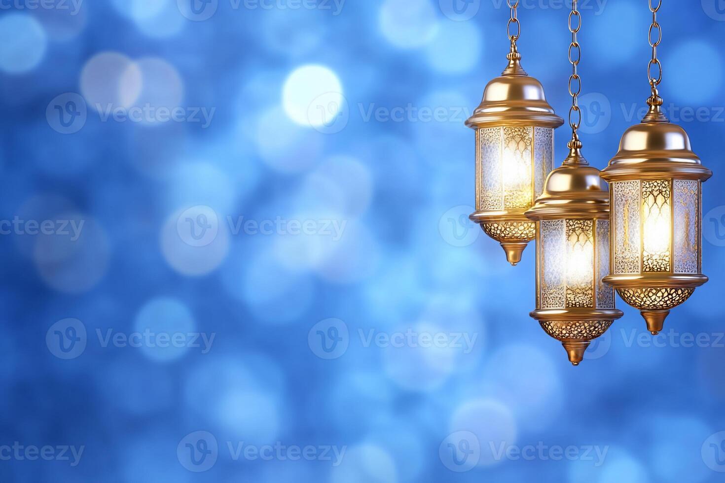 Three ornate lanterns glowing against a soft blue background. photo
