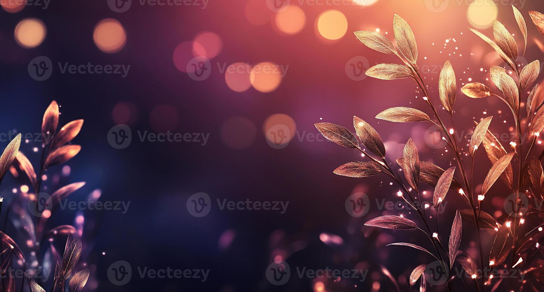 A dreamy background with glowing foliage and soft bokeh lights. photo