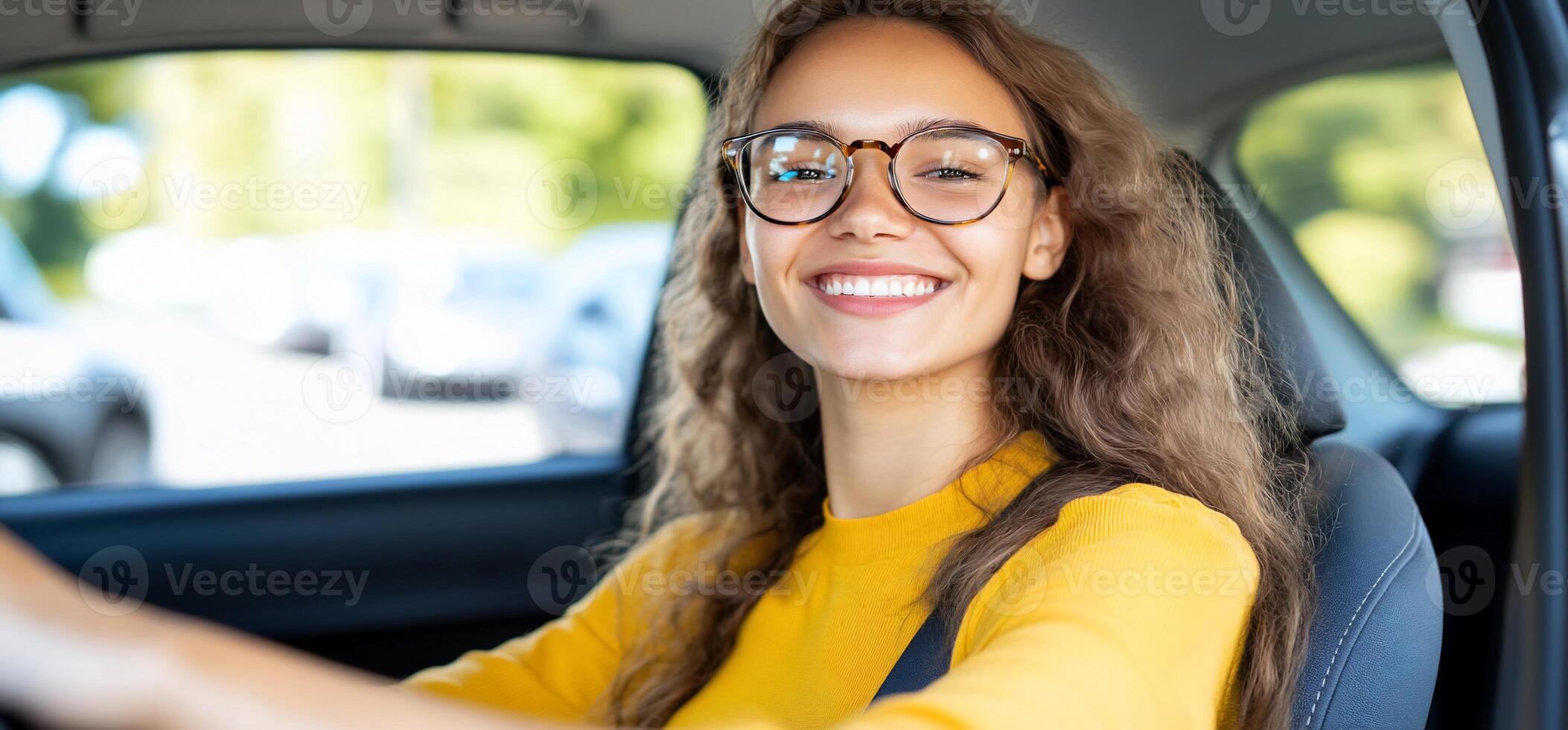 A smiling young woman driving a car, exuding confidence and joy. photo