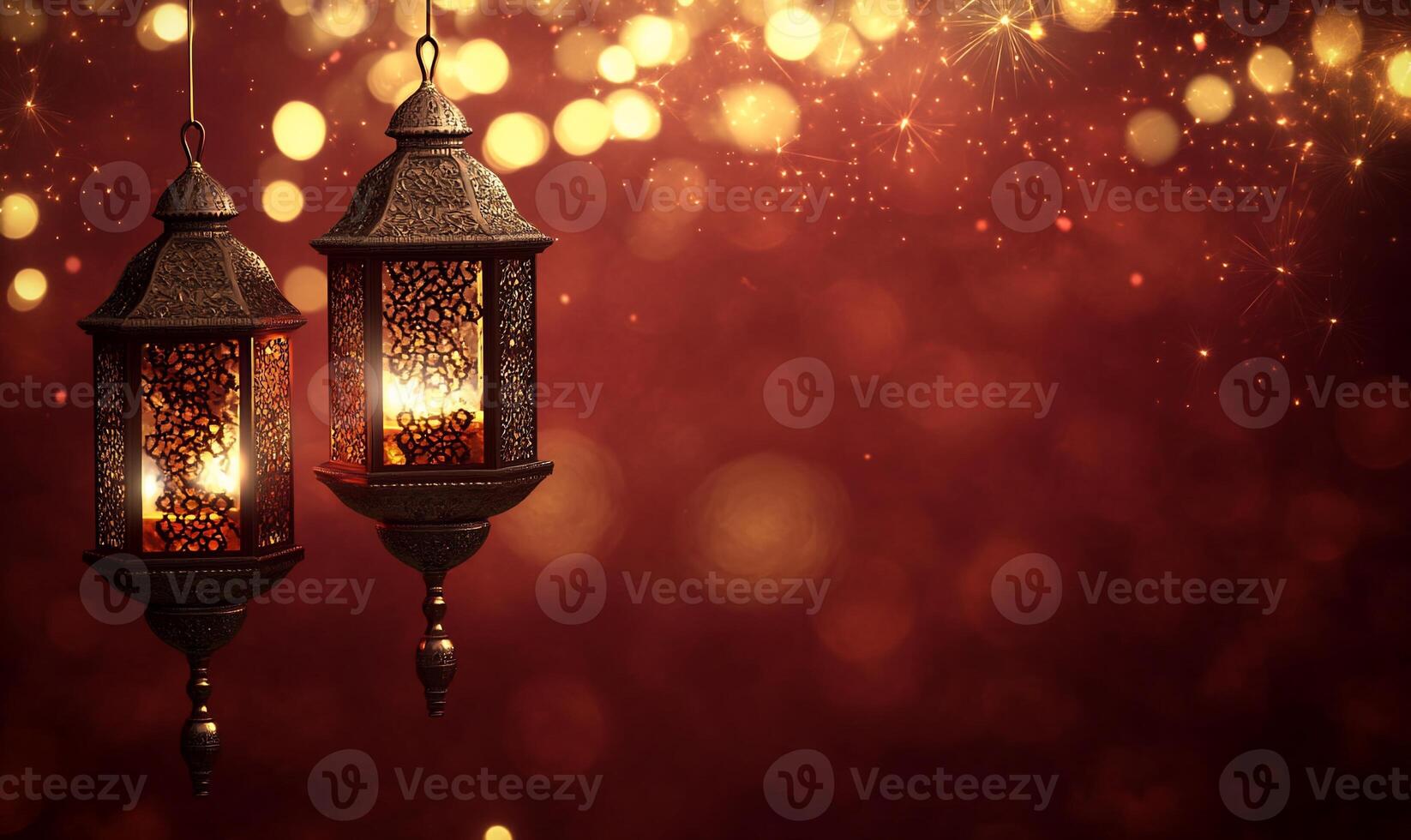Two ornate lanterns glowing against a shimmering background. photo