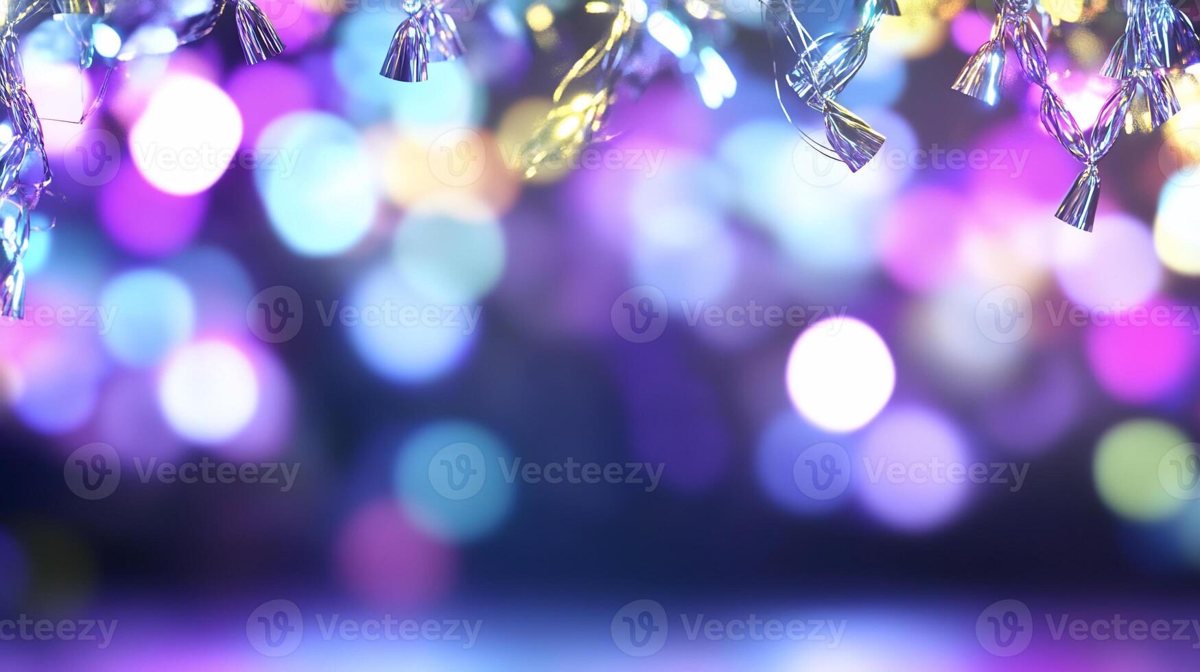 A blurred background with colorful lights and festive decorations. photo