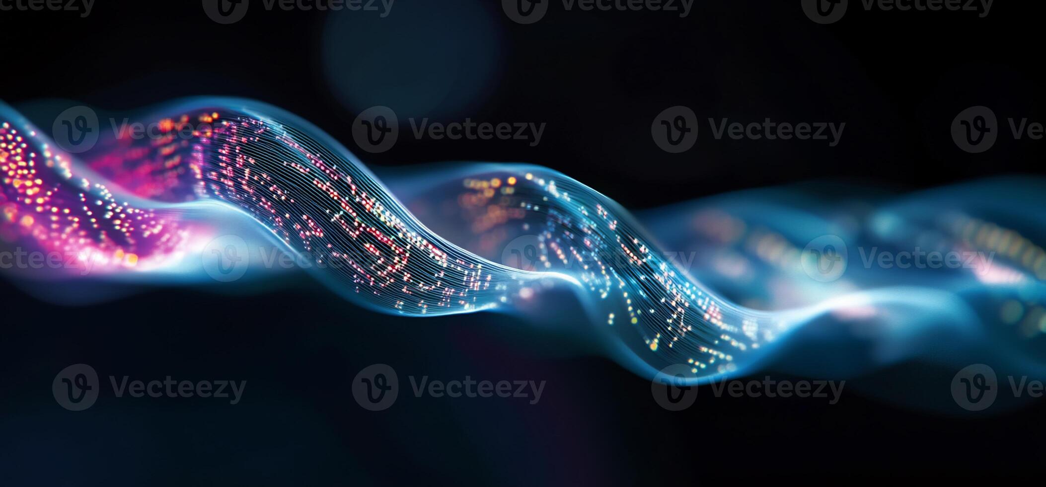 Abstract representation of flowing waves with colorful light particles. photo